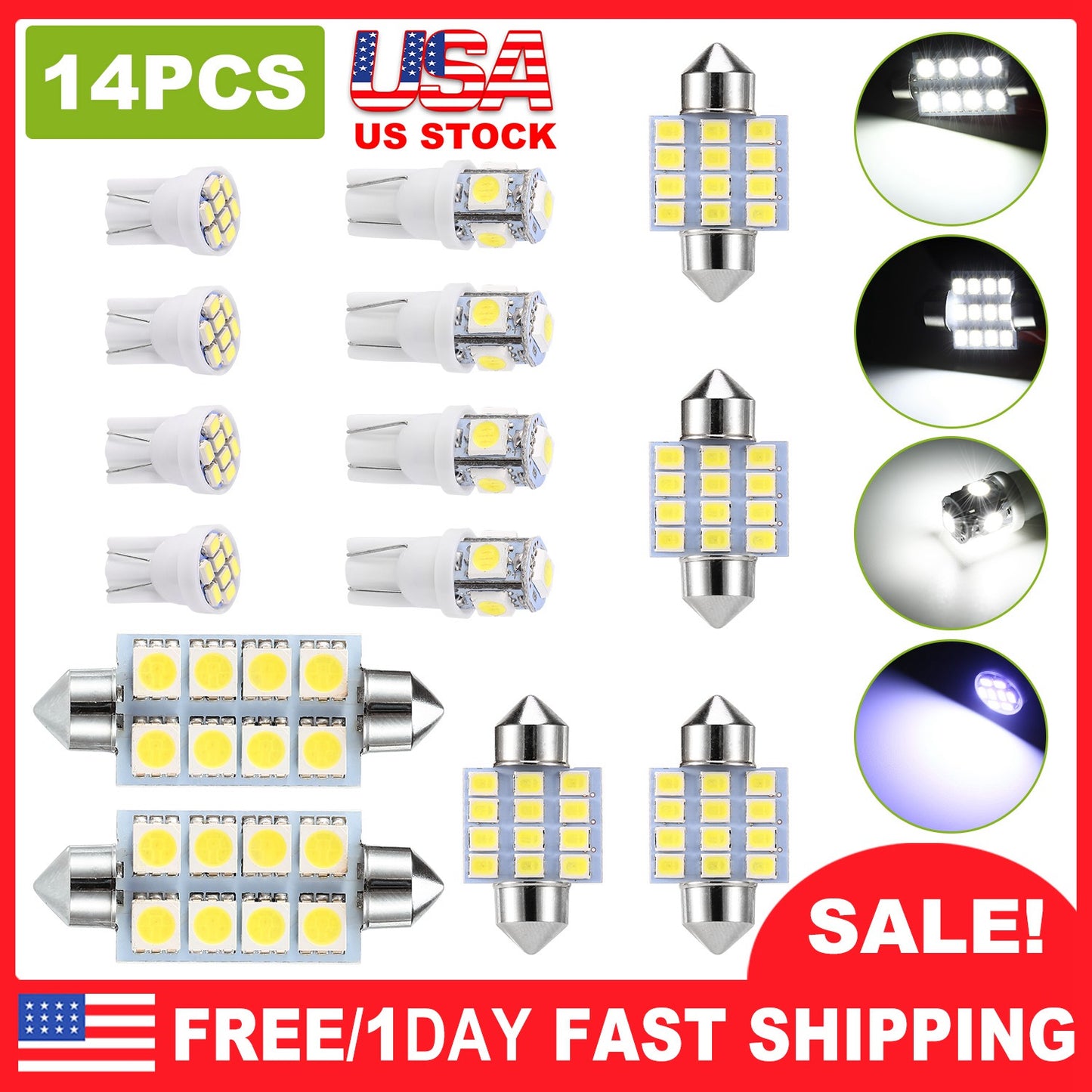 LJGelectro - 14Pcs T10 31mm 41mm Festoon LED Light Bulb Interior Dome Map LED Lights License Plate Trunk Side Positioning Lights 6000K White