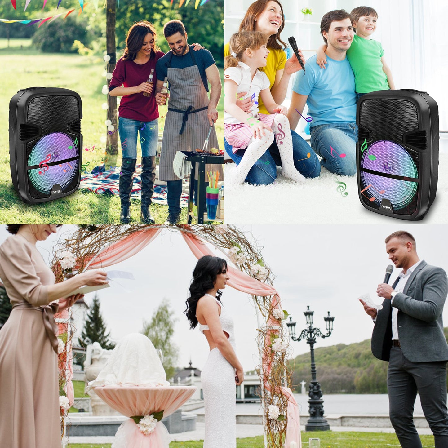 LJGelectro - Wireless Speaker Portable PA Karaoke System with 12" Subwoofer Sound System Wired Microphone w/ DJ Lights FM Remote Control