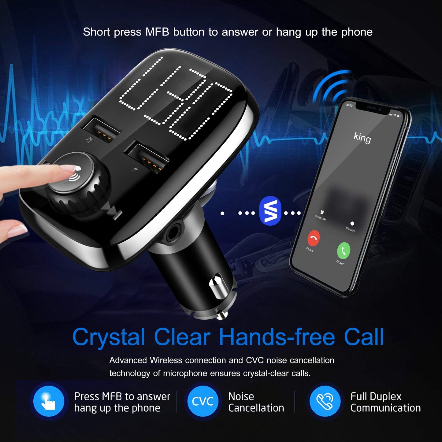 LJGelectro - Car Wireless FM Transmitter Dual USB Charger Hand-Free Call MP3 Player Kit AUX Input TF Card USB Flash Drive