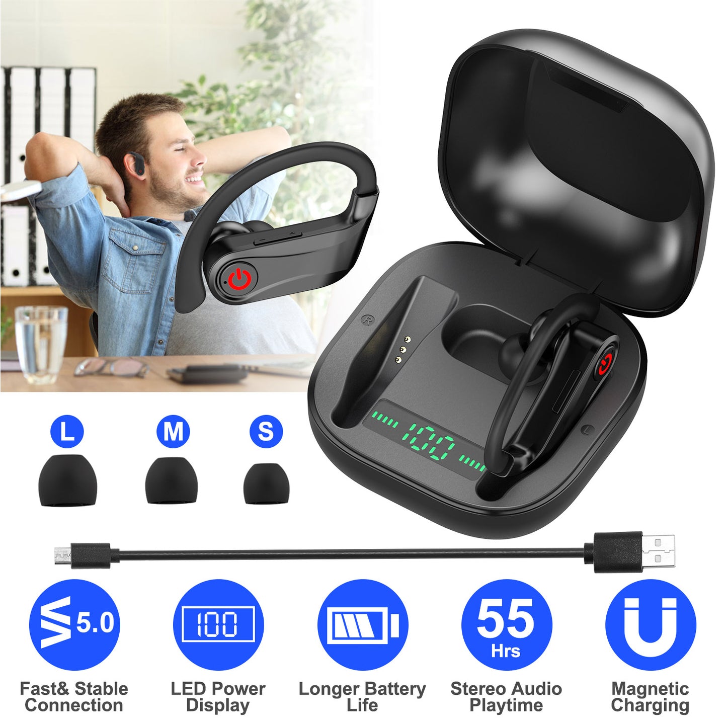 LJGelectro - True Wireless Earbuds TWS Stereo Earphones In-Ear Wireless V5.0 Headsets with LED Display Magnetic Charging Case Built-in Mic with Deep Bass IPX5 Wate