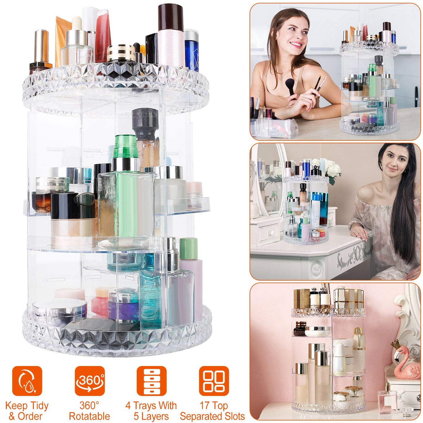 LJGelectro - 360° Rotating Makeup Organizer Clear Cosmetic Storage Rack Transparent Jewelry Display Box Case with 4 Trays One 17-Slot Top Shelf