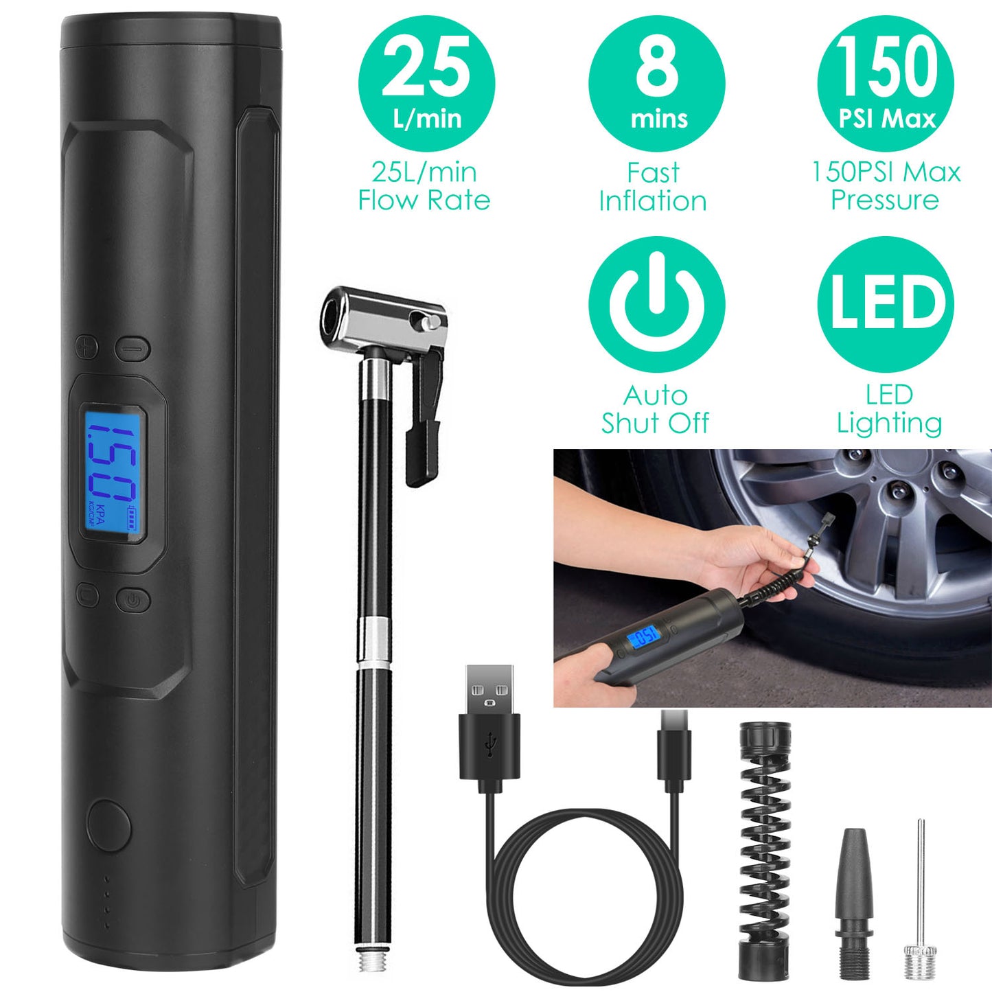 LJGelectro - Car Tire Inflator Pump Portable Car Air Compressor Wireless Electric Air Pump 150 PSI w/LED Light Power Bank