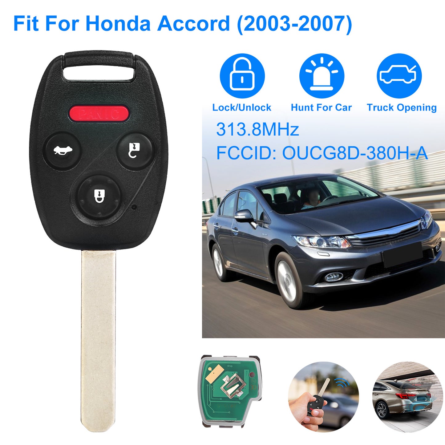 LJGelectro - Fit For Honda Accord 2003-2007 Remote Keyless Entry Shell Button Car Key Fob Uncut Key Cover Case OUCG8D-380H-A FCCID 313.8MHz Frequency