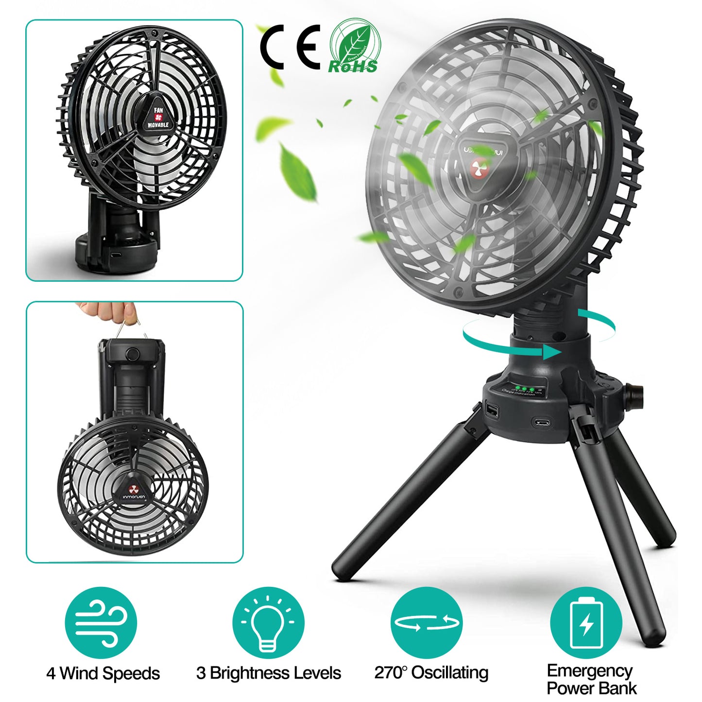 LJGelectro - Foldable Camping Fan with Emergency Power Bank 270° Oscillating Rechargeable Tripod Fan for Hiking Fishing Personal Desk Fan with 4 Speeds 3 Brightnes