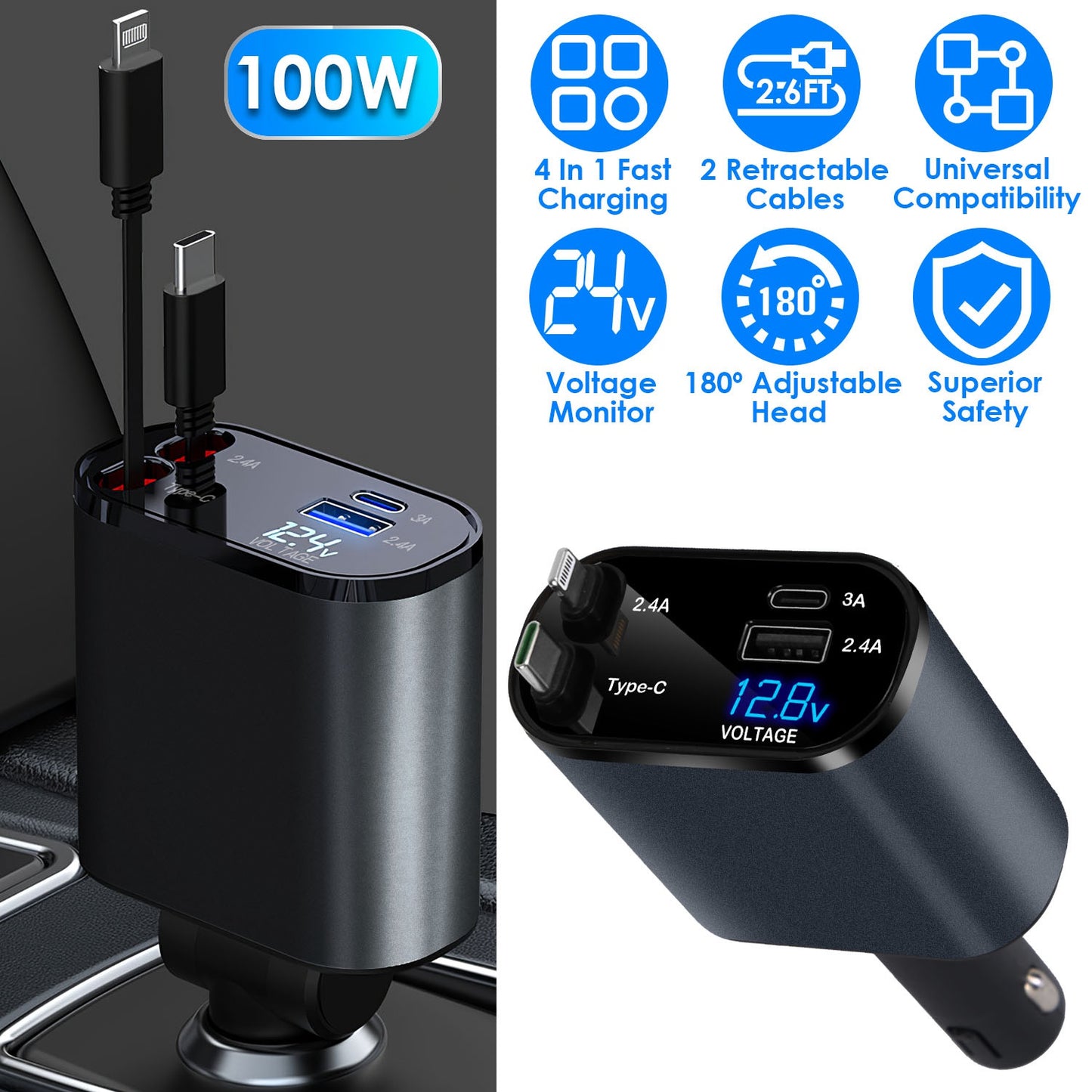 LJGelectro - 100W 4 In 1 Fast Car Charger USB C Car Charger 180ºAdjustable Car Phone Charger with Retractable Type-C LT Cable Voltage Monitor Fit for IOS Phone iPa