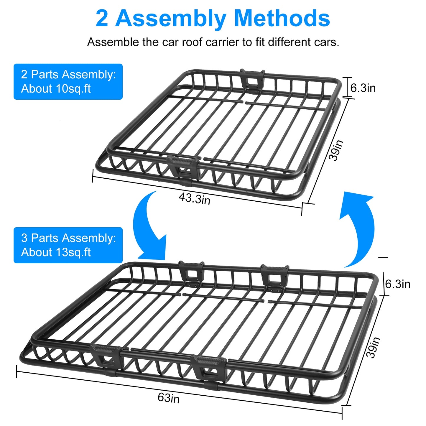 LJGelectro - 63x39x6.3in Universal Roof Rack Cargo Carrier Car Top Luggage Holder Basket with Hook Strap Elastic Net