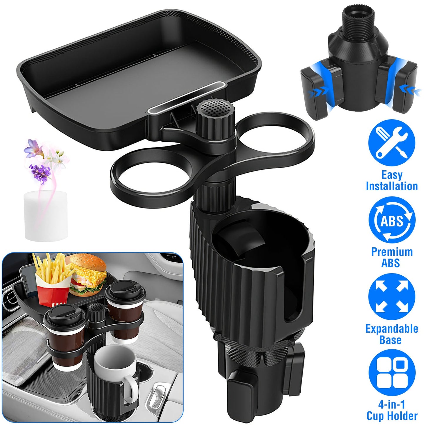 LJGelectro - 4-in-1 Car Cup Holder Tray Food Table Phone Hold Car Expander Detachable 360 Degree Rotatable Expandable Base Car Desk