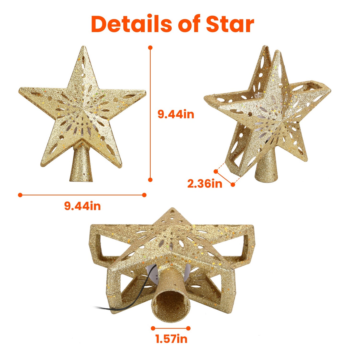 LJGelectro - Christmas Tree Topper Star with Projector Light White Revolving White Snowflake Pattern LED Treetop Hollow Golden Glitter Star For Christmas Tree Deco