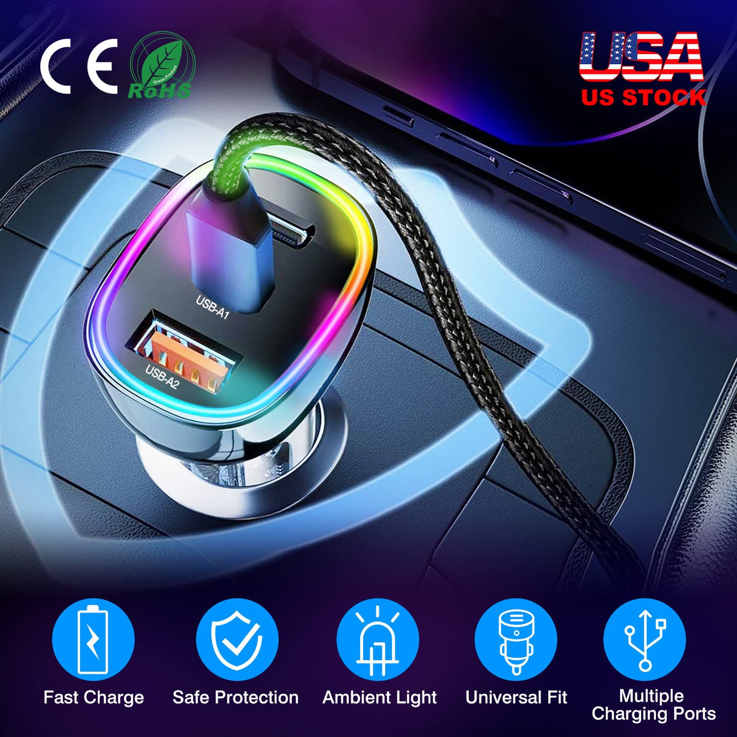 LJGelectro - 90W 3 Ports Fast Charge Car Charger QC3.0 PD3.0 USB Type-C LT Car Cigarette Lighter with Colorful Light Fit for IOS Phone iPad Samsung Goggle Pixel