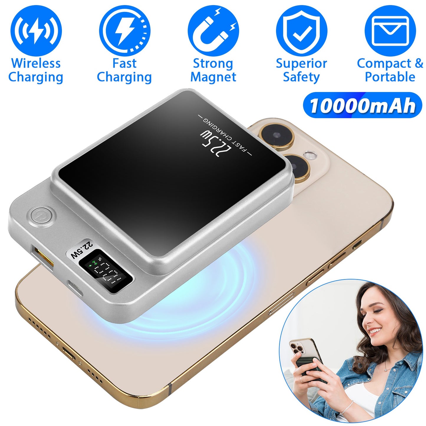 LJGelectro - 2 In 1 Magnetic Wireless Power Bank 10000mAh PD20W Fast Charger MagSafe Wireless Power Bank Fit for IOS Phones IOS Phone 14 Series And More