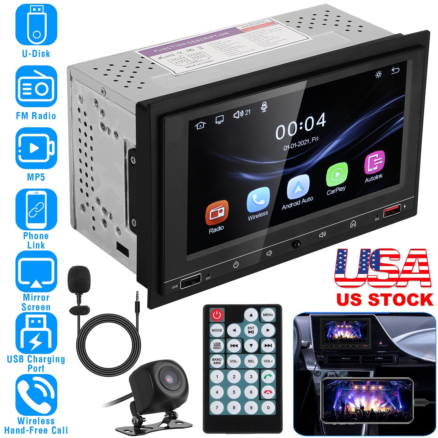 LJGelectro - 7In Universal Wireless Car MP5 Player 1080P Video Player Stereo Audio FM Radio Aux/USB Input with Rear View Camera Remote Control