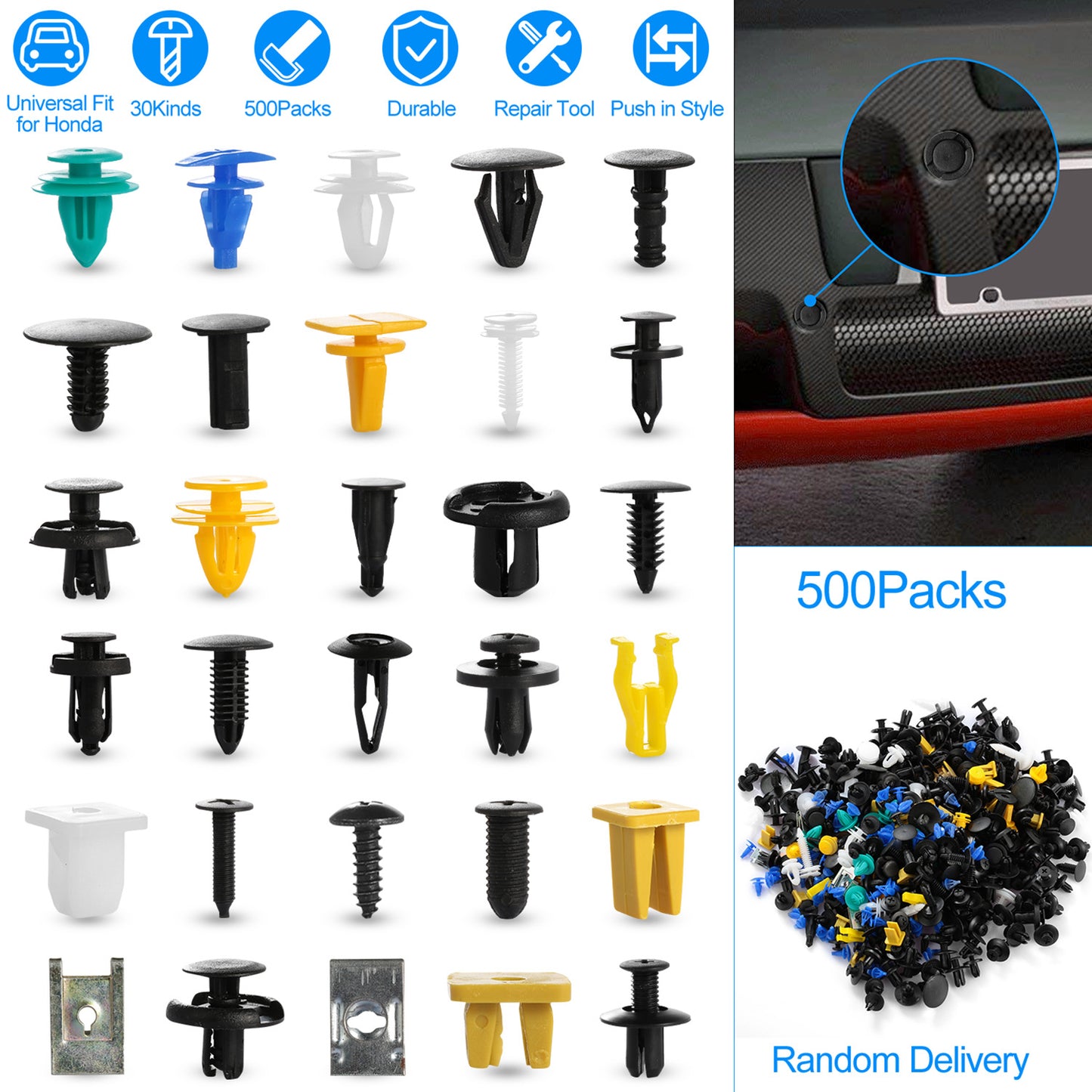 LJGelectro - 500Packs Bumper Fastener Rivets 30 Kinds Bumper Push Clips Fender Replacement Universally Fit for Honda Toyota Car Panel Skirt Shield Retainer