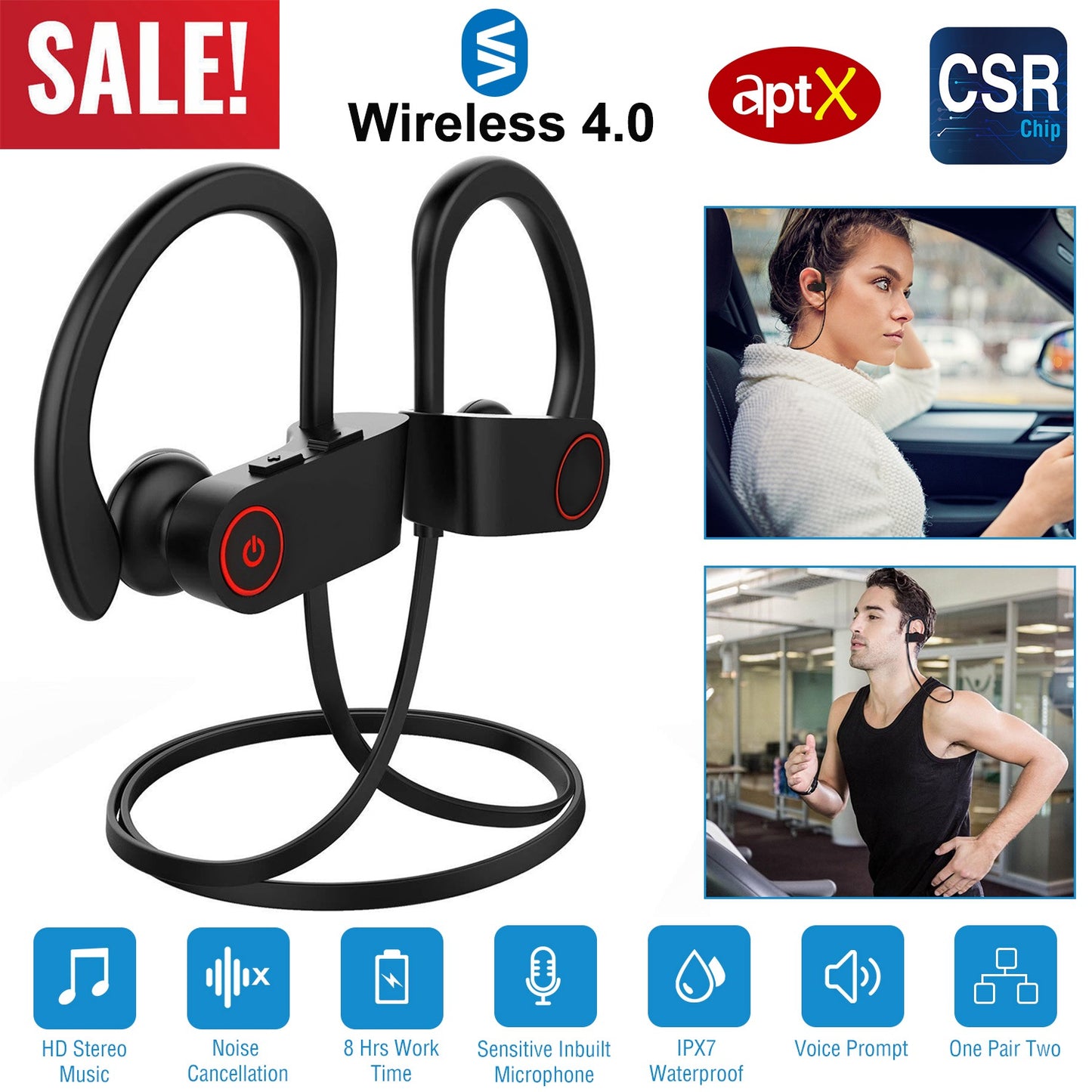 LJGelectro - Wireless Headset IPX7 Waterproof Sport Headphones In-Ear Wireless4.1 Stereo Earphone Noise Canceling Neck Earbuds w/Mic 8 Hrs Work Time for Running Hi