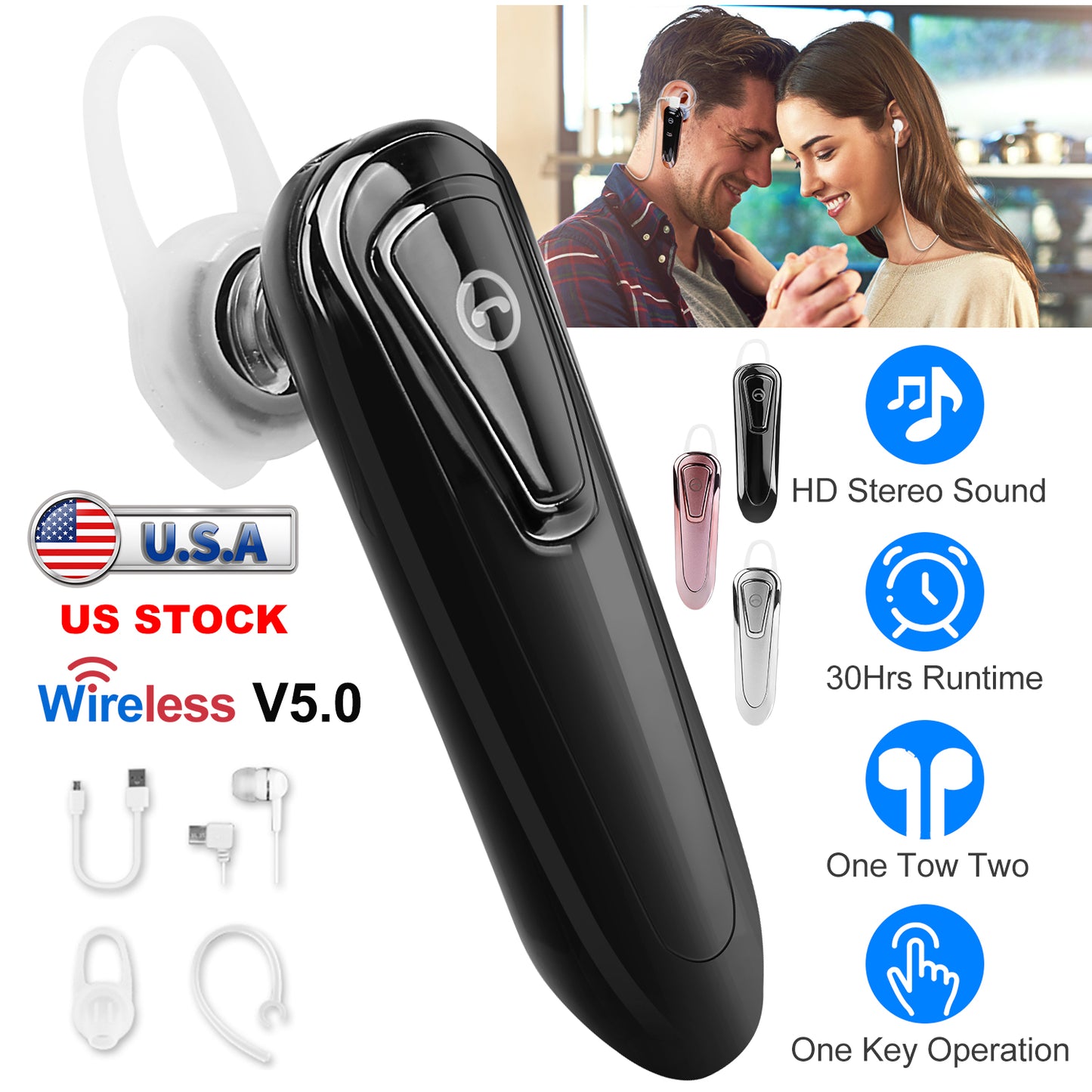 LJGelectro - Wireless V5.0 Neckband Headset Multipoint Noise Cancellation Earpiece 30Hrs Runtime Stereo Earphone For Driver Businessman Traveler