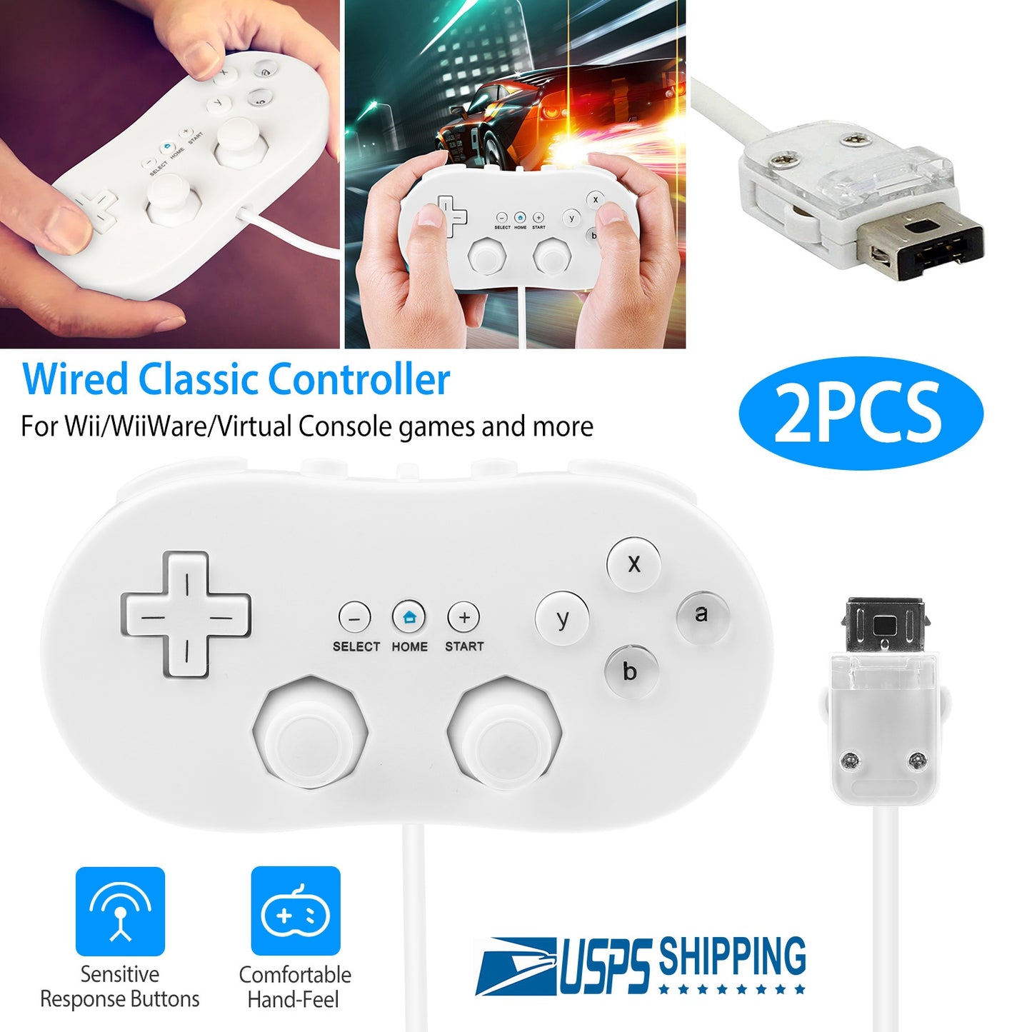 LJGelectro - 2PCS Classic Game Controller Pad Wired Gamepad Joypad Joystick for Nintendo Wii Remote