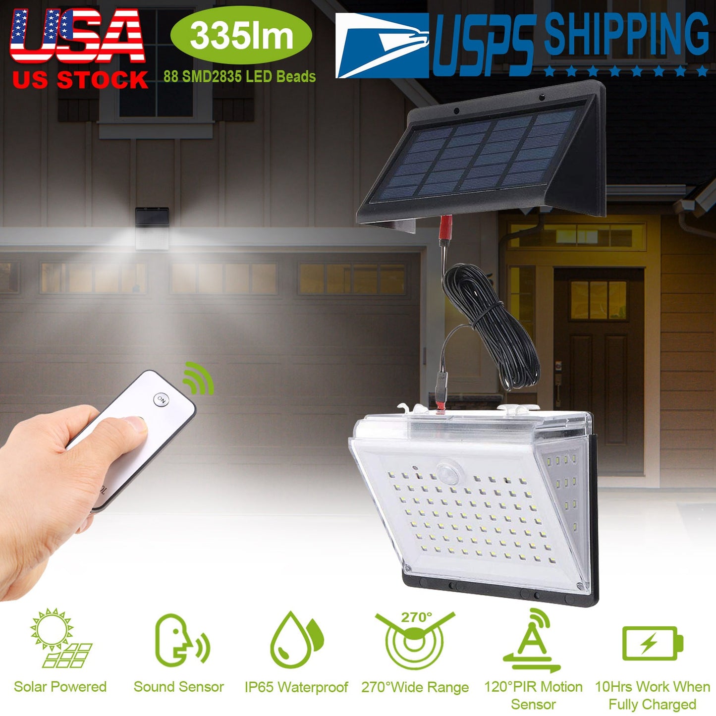 LJGelectro - Solar Lights 88 LEDs Wall Lamps Outdoor 120° Motion Sensor Sound Control Lightings 270°Illumination IP65 Waterproof w/ 2.5m Extend Wire for Garage Gar