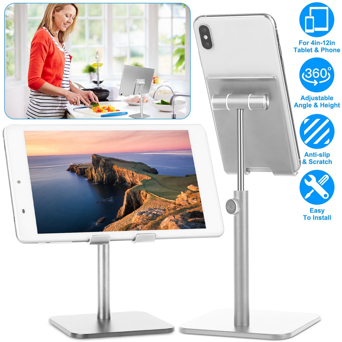 LJGelectro - Adjustable Cell Phone Tablet Stand Desktop Holder Mount Bracket Dock Fit for iPad Kindle iPhone Aluminum Alloy