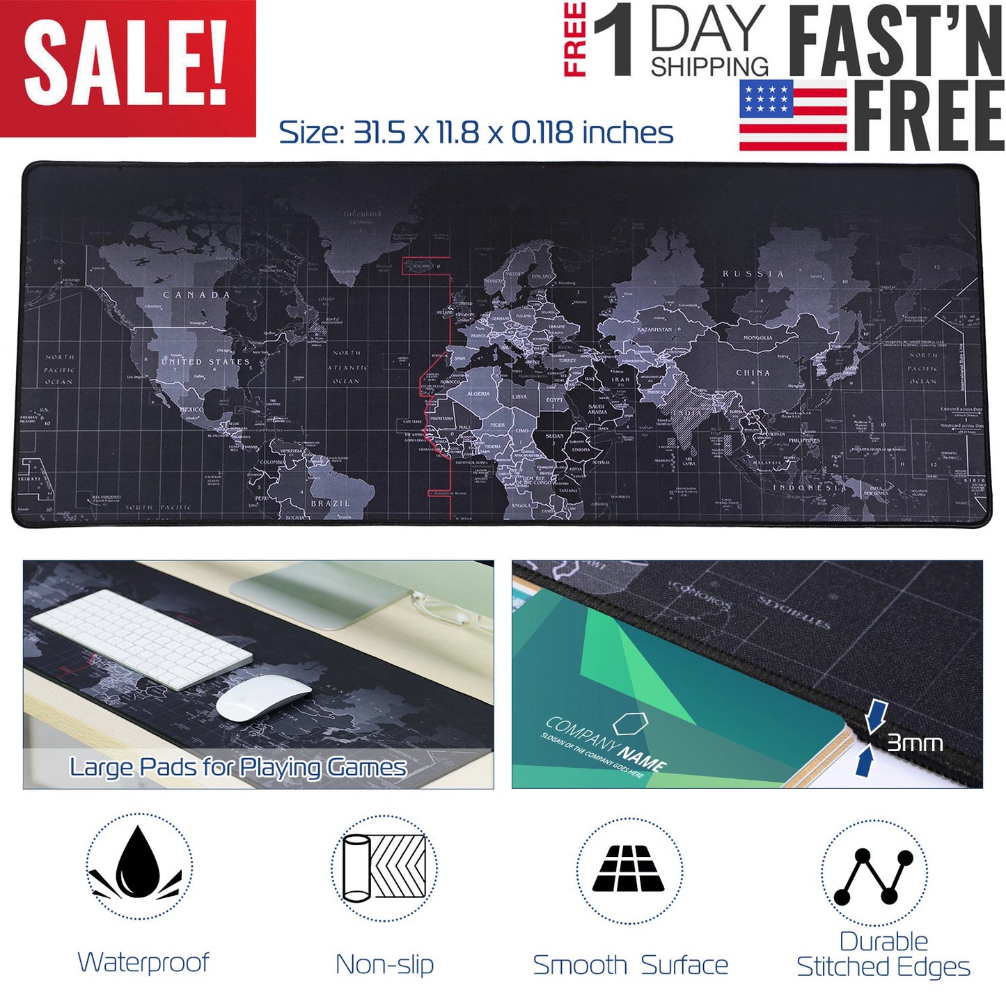 LJGelectro - Large Gaming Mouse Pad Non-Slip Rubber Base Mousepad Durable Stitched Edges Smooth Surface World Map (World Map 31.0"x11.5"x3.0mm)