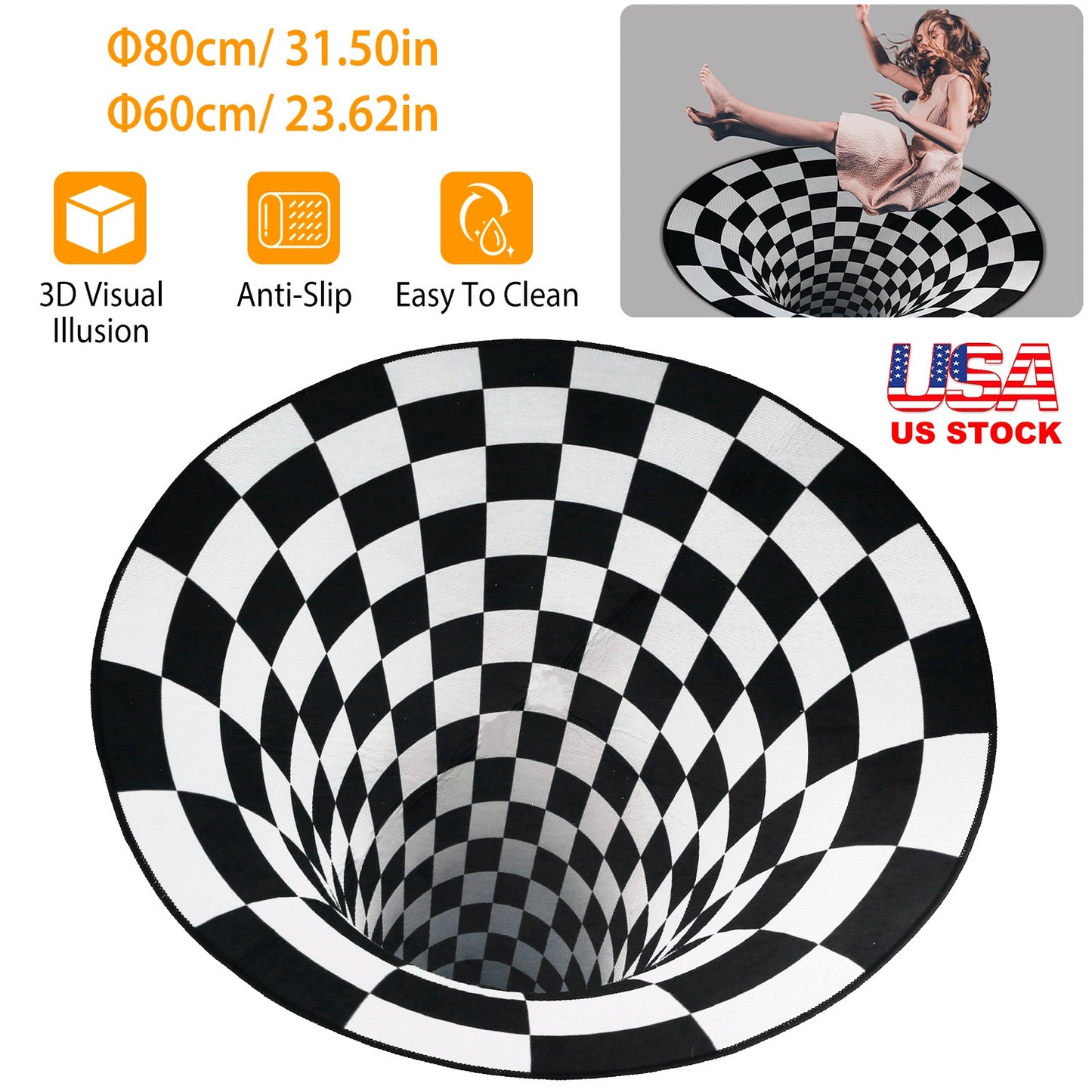 LJGelectro - 3D Visual Floor Area Mat Anti-slip Illusion Rug Doormat Round Living Room Carpet Mat