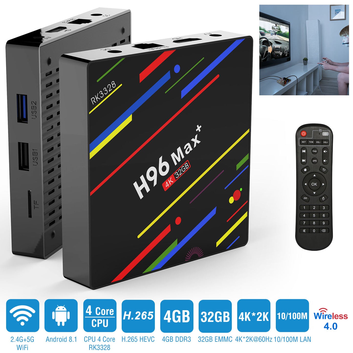 LJGelectro - H96 Max+ Android 8.1 TV Box RK3328 Quad Core 4GB / 32GB UHD 4K VP9 H.265 WiFi
 
 USB3.0 Smart Streaming Media Player US Plug