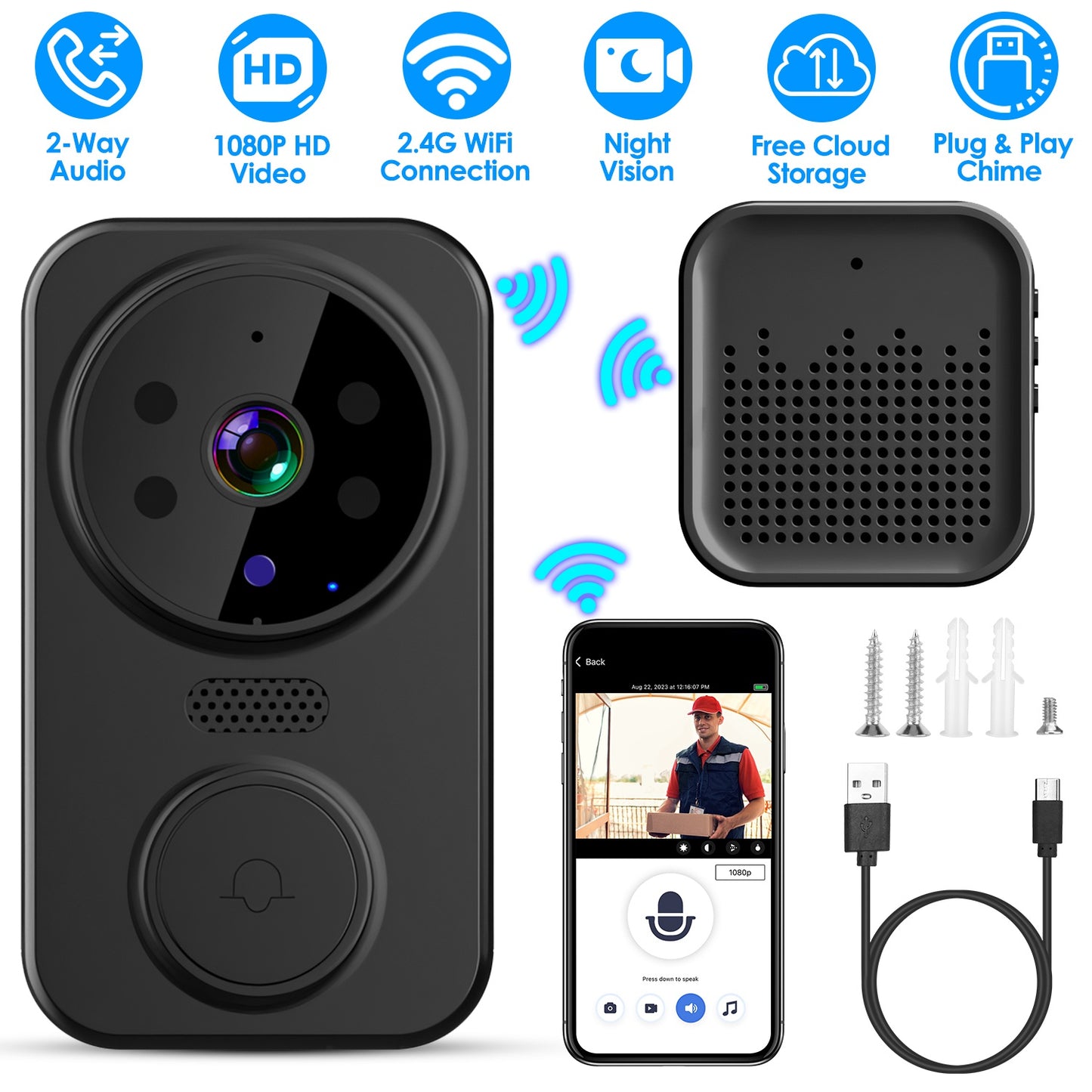 LJGelectro - WiFi Security Doorbell Camera with Volume Adjustable Wireless Chime 1080P Camera Night Vision 2-Way Audio Free Cloud Storage