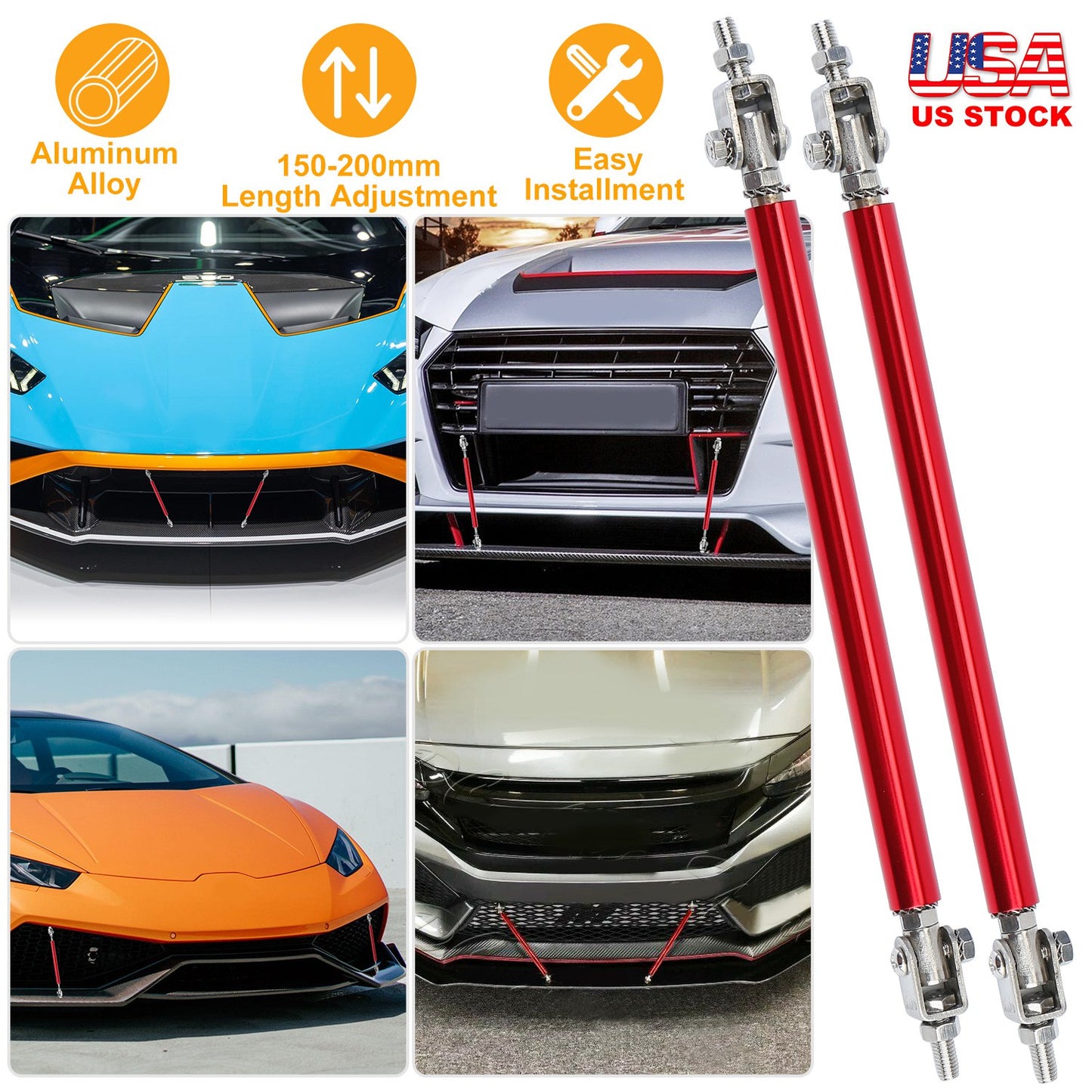 LJGelectro - 2Pcs Splitter Rod Front Bumper Lip Rod Strut Adjustable Lip Spoiler Tie Support Rods 150mm-200mm