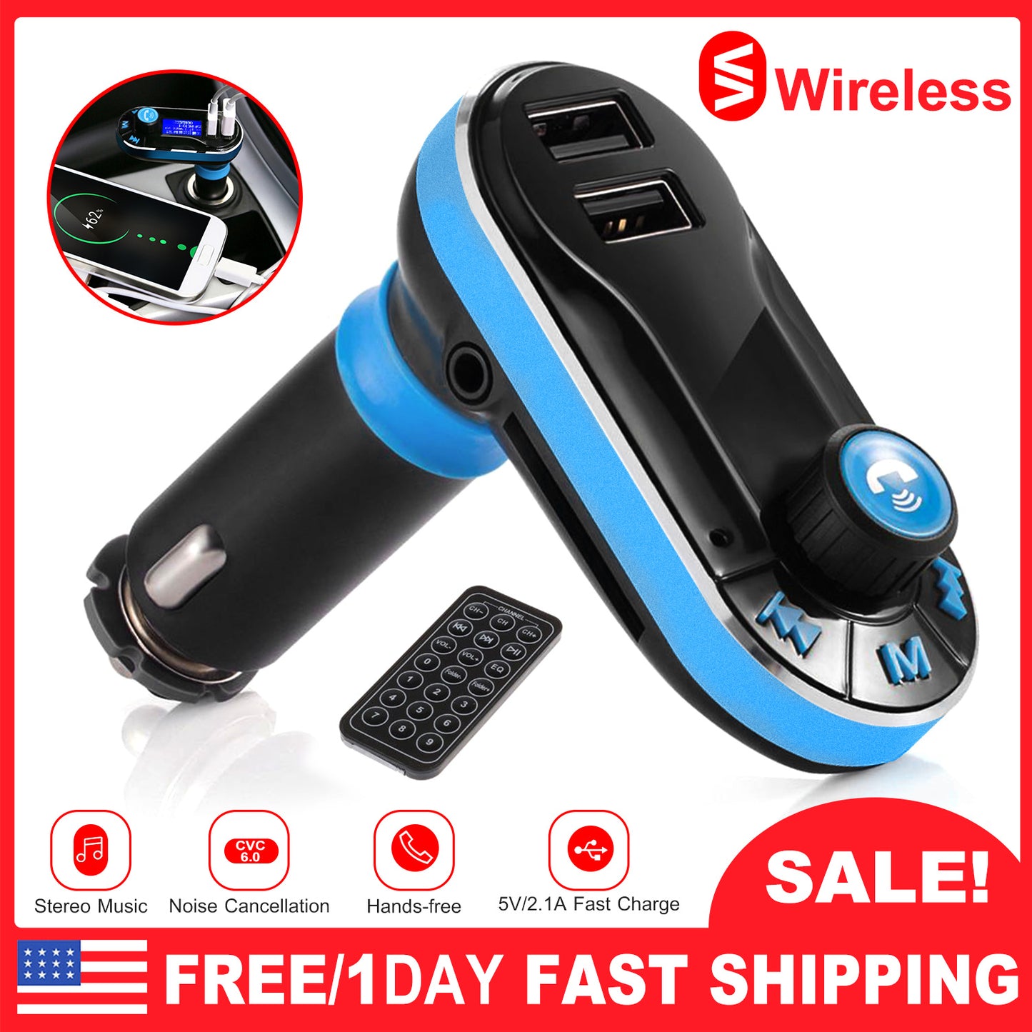 LJGelectro - Car Wireless FM Transmitter Dual USB Charger Hands-free Call MP3 Player Aux-in LED Display Remote Controller