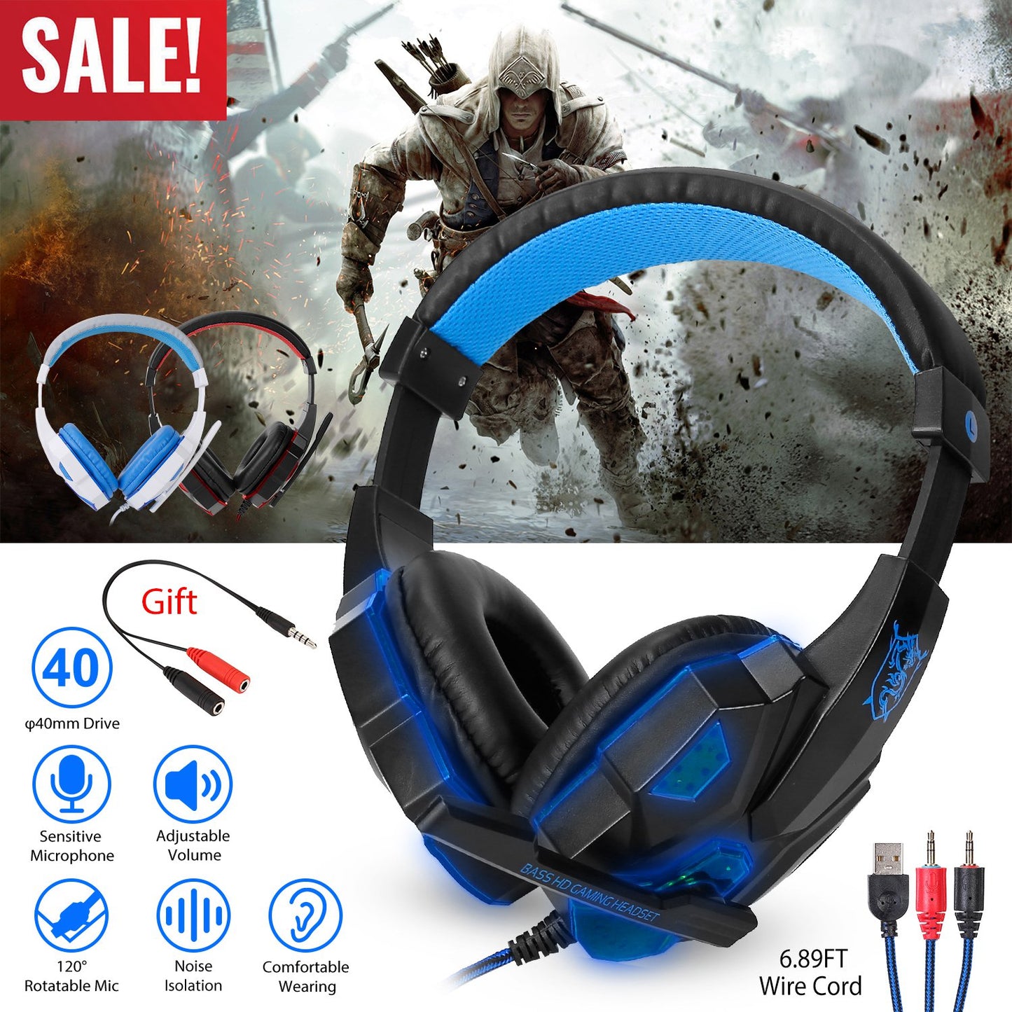 LJGelectro - Gaming Headsets Stereo Bass Over Ear Headphones w/LED Light Earmuff w/ Mic 3.5mm Plug USB 6.89FT Cord Fit For PS5/PS4/PS4 Pro/Slim/PSP/ Nintendo Switc