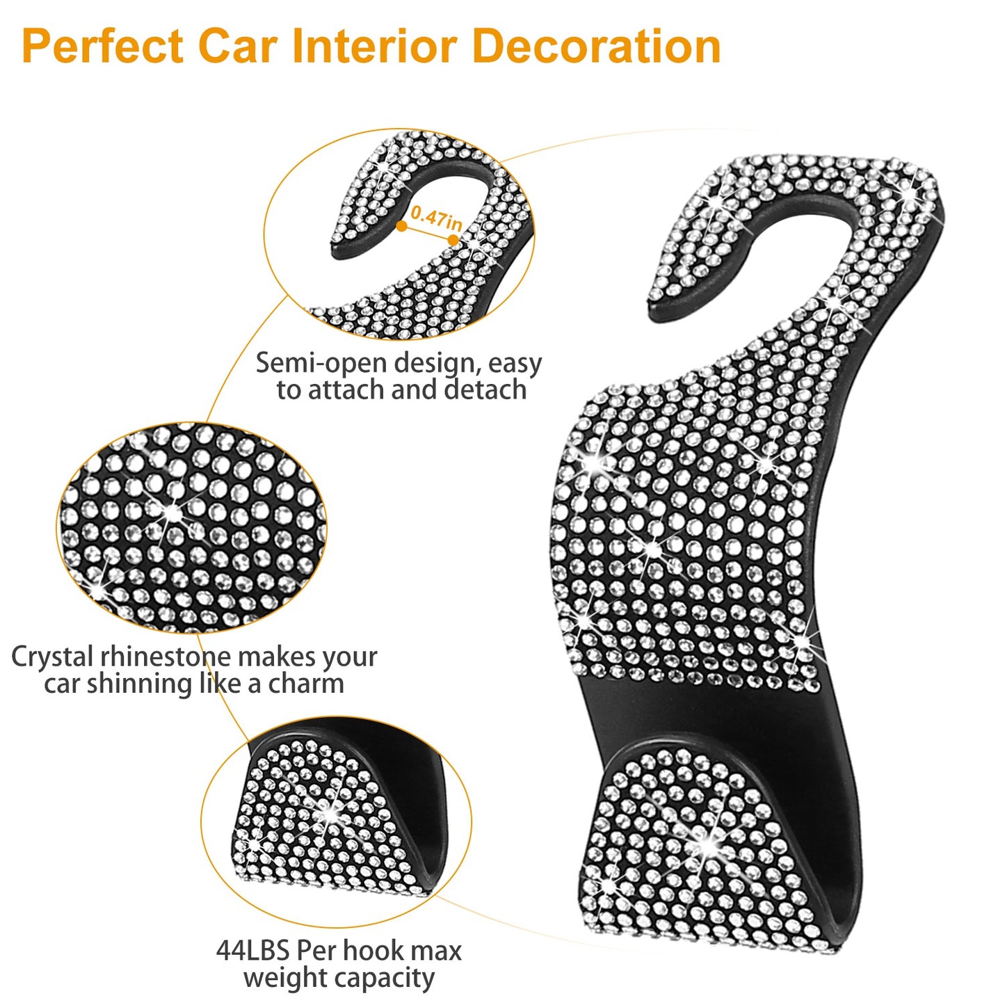 LJGelectro - 4Pcs Car Headrest Hooks Bling Rhinestones Back Seat Organizer Hanger Holder For Bag Purse Cloth Grocery Umbrellas