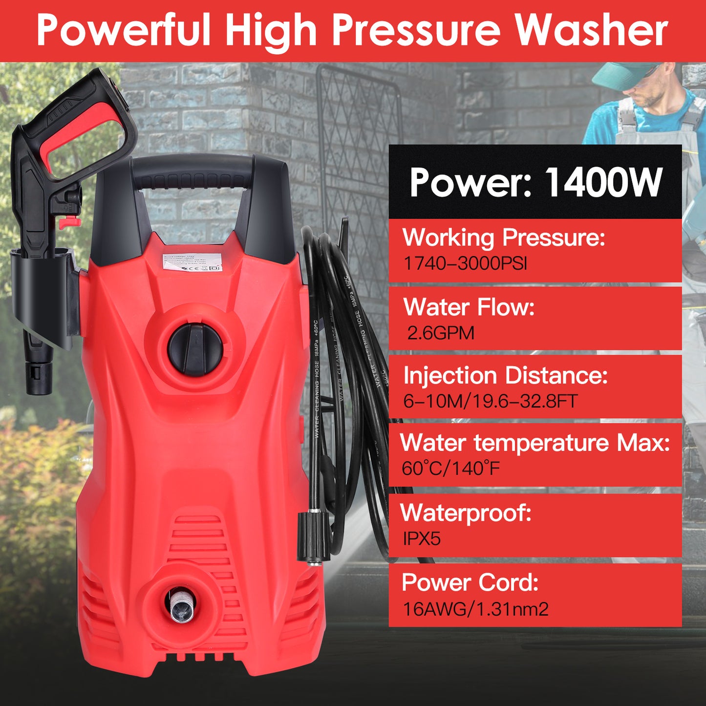 LJGelectro - Electric High Pressure Washer 3000PSI Max 2.6GPM Powerful Car Washer Pressure Cleaner with Adjustable Spray Nozzle Soap Dispenser IPX5 Waterproof for