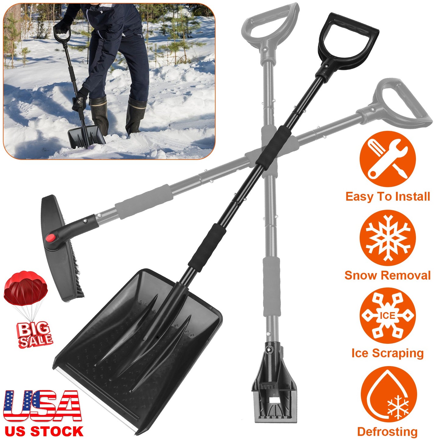 LJGelectro - 3 In 1 Snow Shovel Kit Brush Ice Scraper Collapsible Design Snow Removal for Car Truck Camping Outdoor Activities