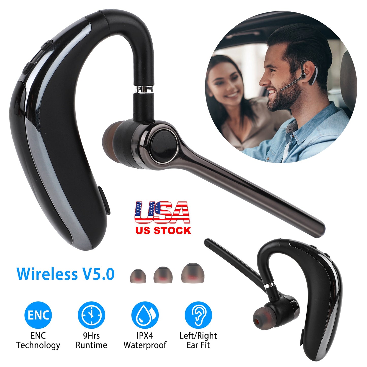 LJGelectro - Wireless V5.0 Earpiece ENC Driving Earbuds 180° Rotatable Left Right Ear Fit Earphone For Business Driving Running