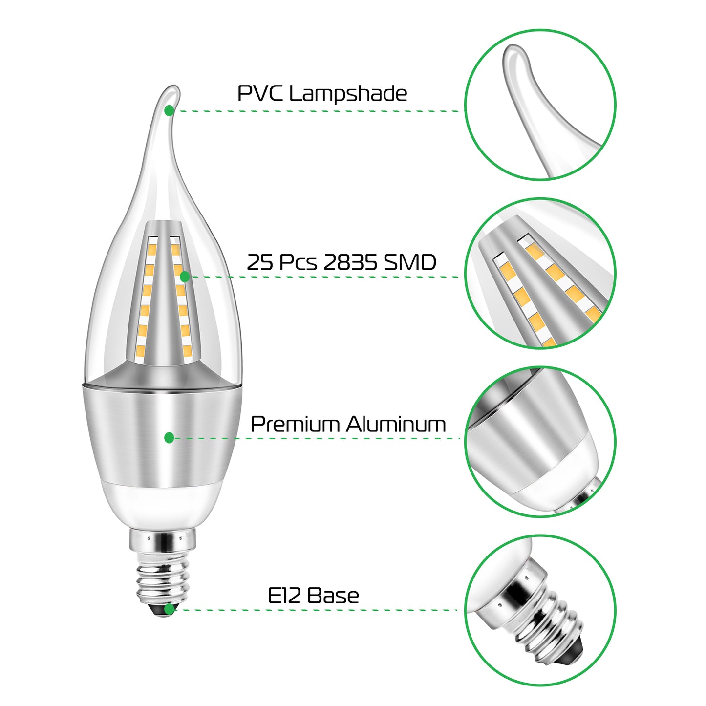 LJGelectro - 4pcs 5W E12 Candelabra Bulbs 600 LM 50W Equivalent Candle Flame Tip Light Bulb 6500K Cold White Non-Dimmable Lamp