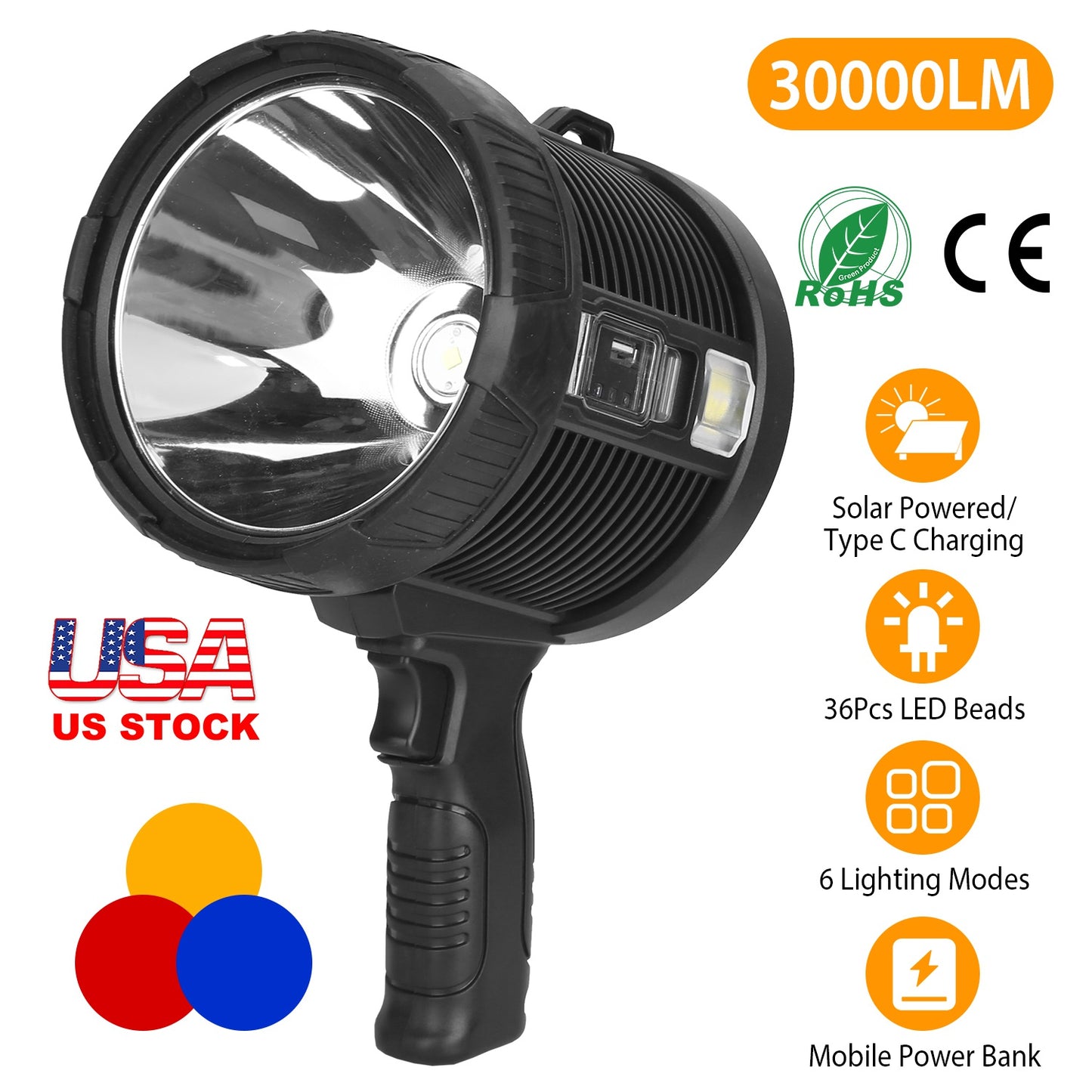 LJGelectro - 30000LM Rechargeable LED Searchlight IPX6 Waterproof Portable Handheld Spotlight Flashlight with 3 Color Filter Lens 6 Lighting Modes