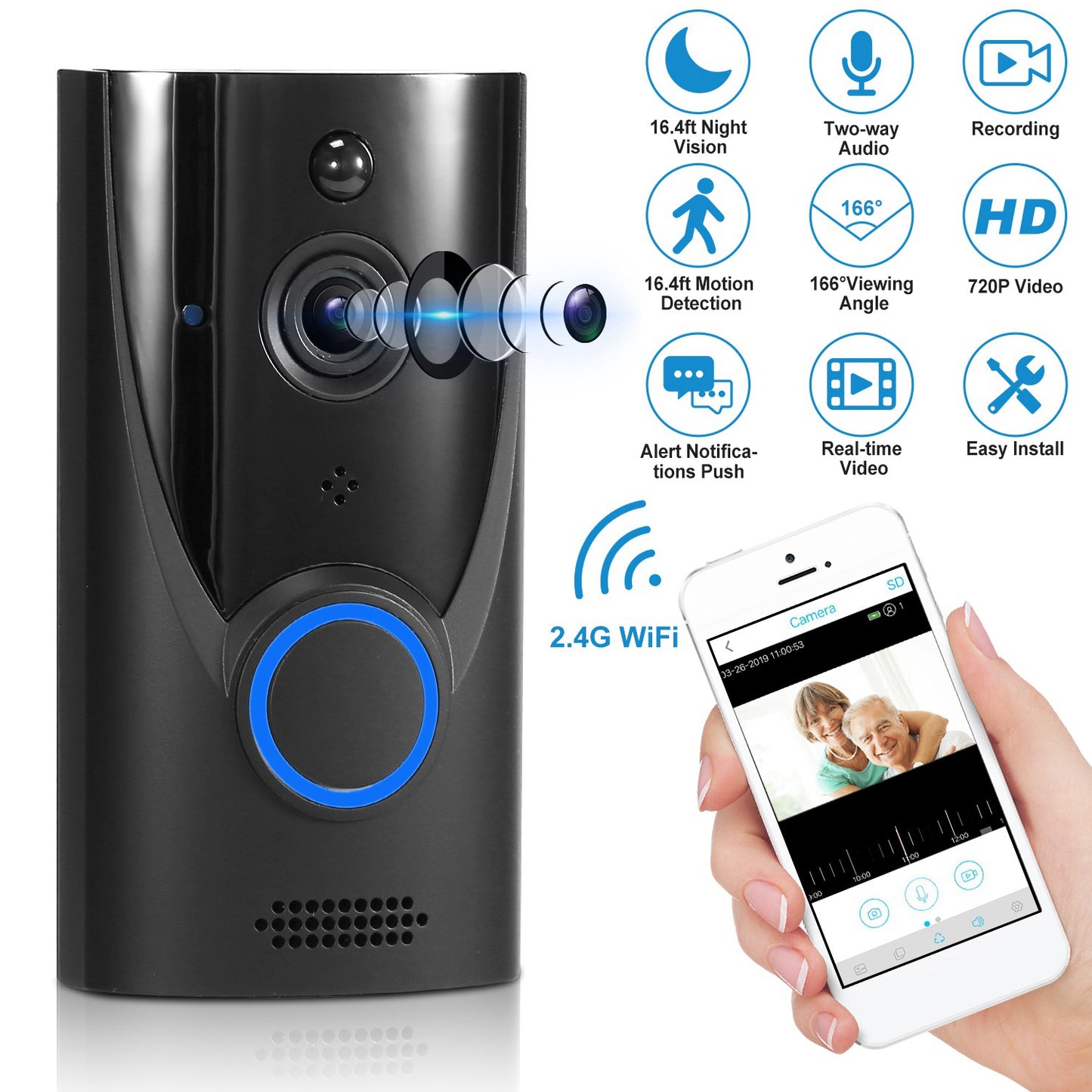 LJGelectro - WiFi Video Doorbell Wireless Door Bell 720P HD WiFi Security Camera w/ Two-way Talk PIR Motion Detection IR Night Vision Home Security Camcorder Offic