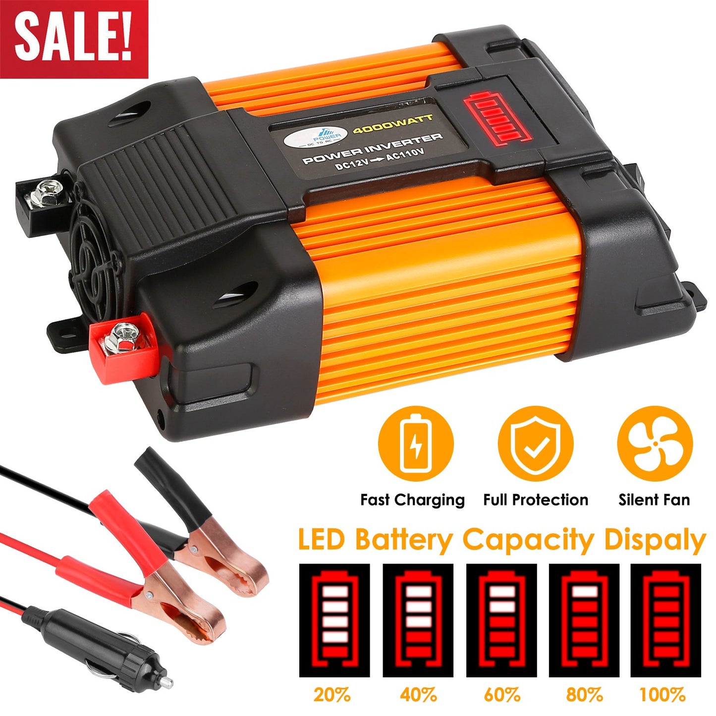 LJGelectro - 500W Continuous Power Inverter DC 12V To AC 110V Car 4000w Peak Power Inverter w/ Dual 5V 2.1A USB Ports For RV Caravan Truck Laptop