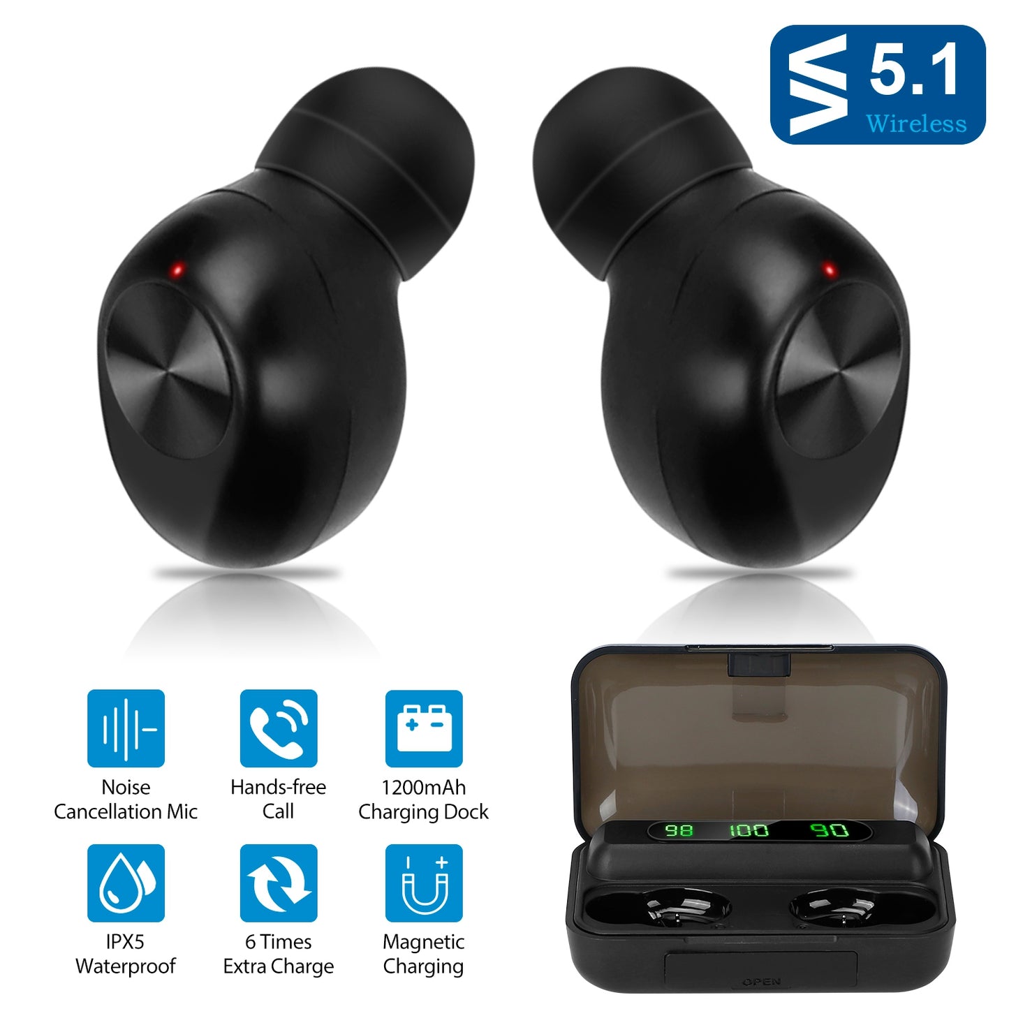 LJGelectro - Wireless 5.1 TWS Earbuds In-Ear Stereo Headset Noise Canceling Earphone w/Mic Magnetic Charging Dock For Driving Working Travelling