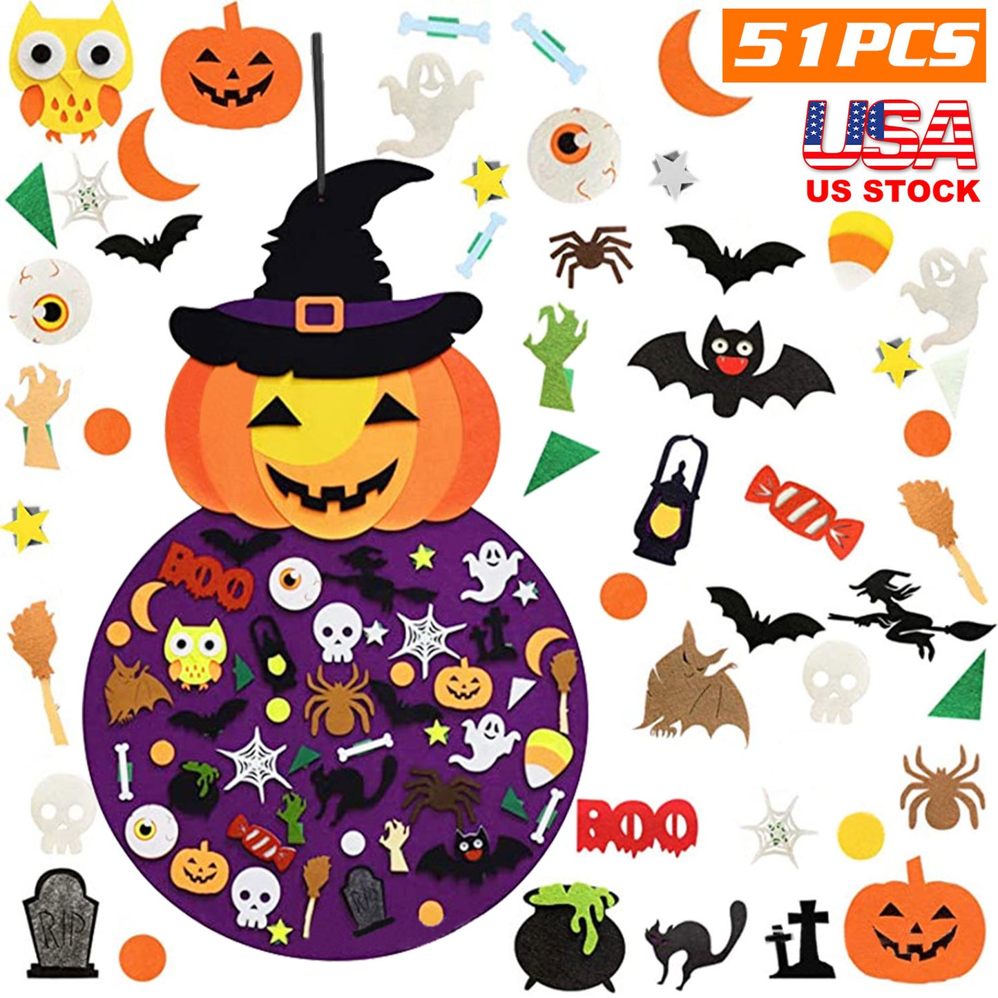 LJGelectro - 2.8FT Halloween Felt Pumpkin Witch 51Pcs Felt Pumpkin Witch Hanging Decor Ornaments Kits Halloween Gift for Toddlers