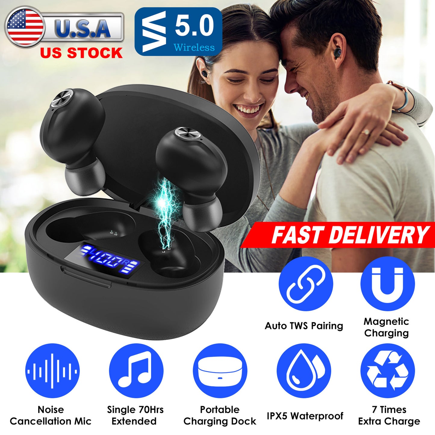 LJGelectro - TWS Wireless 5.0 Earbuds In-Ear Stereo Headset Noise Canceling Earphone Headsets w/Mic Magnetic Charging Dock For Driving Working Travelling