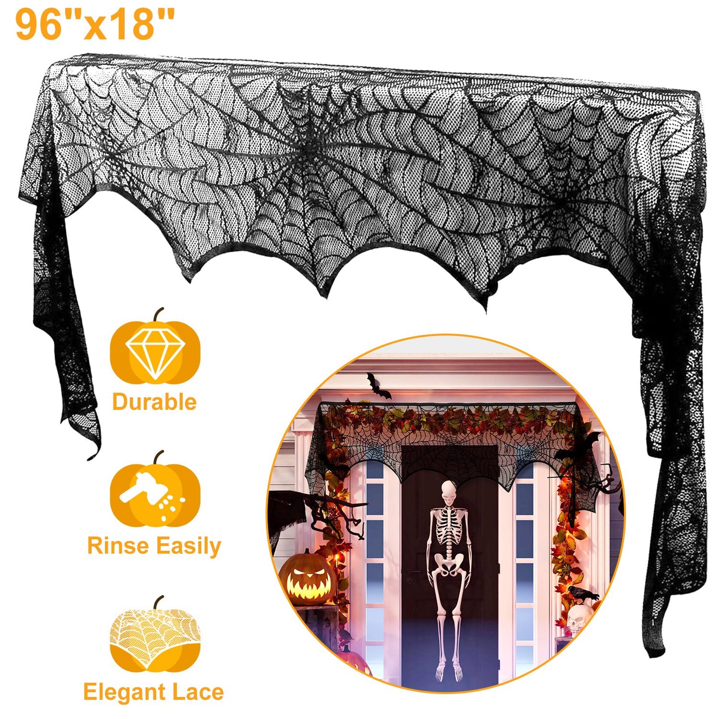 LJGelectro - Halloween Decoration Black Lace Spiderweb Fireplace Mantle Scarf Cover Festive Party Supplies Fireplace Scarf 96 x 18 inch for Halloween Christmas Par