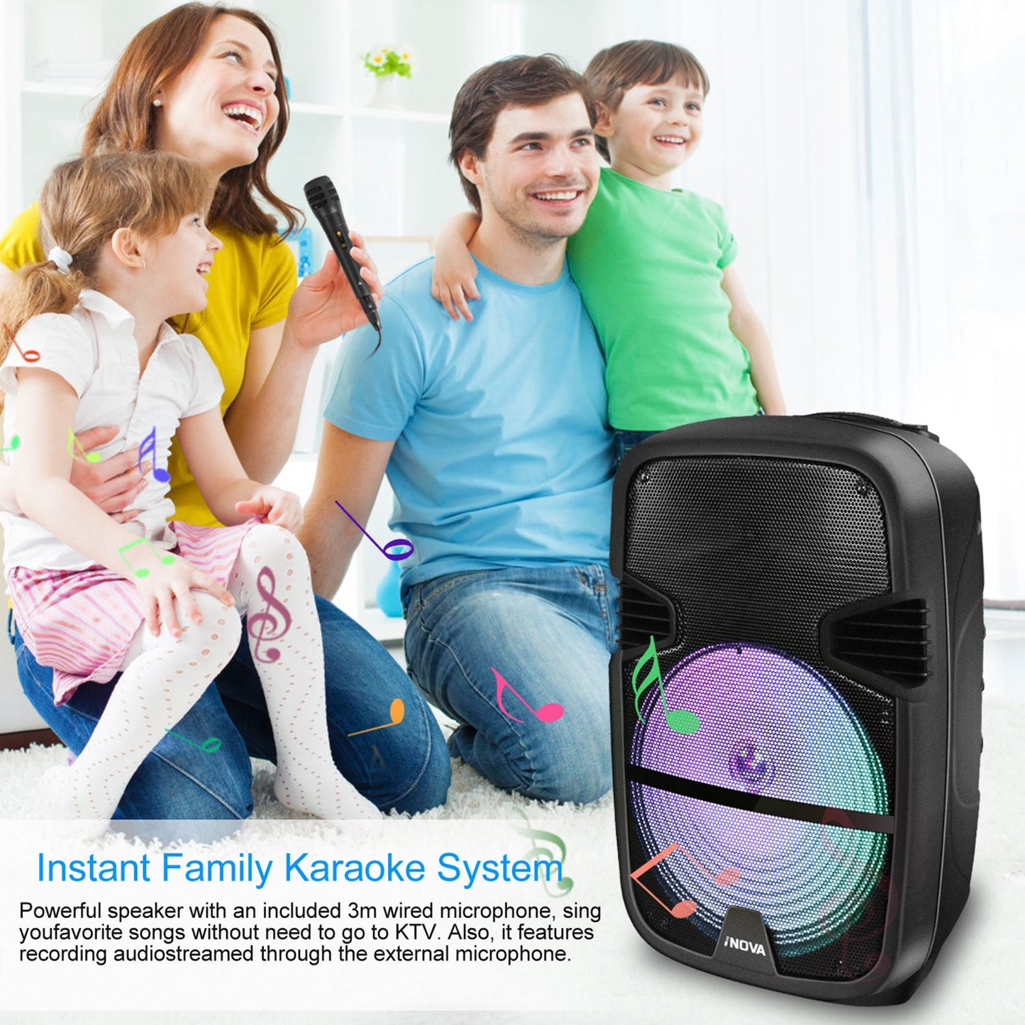 LJGelectro - iNOVA Wireless Speaker Portable PA Karaoke System with Wired Microphone 15" Subwoofer Sound System w/ DJ Lights Remote Control