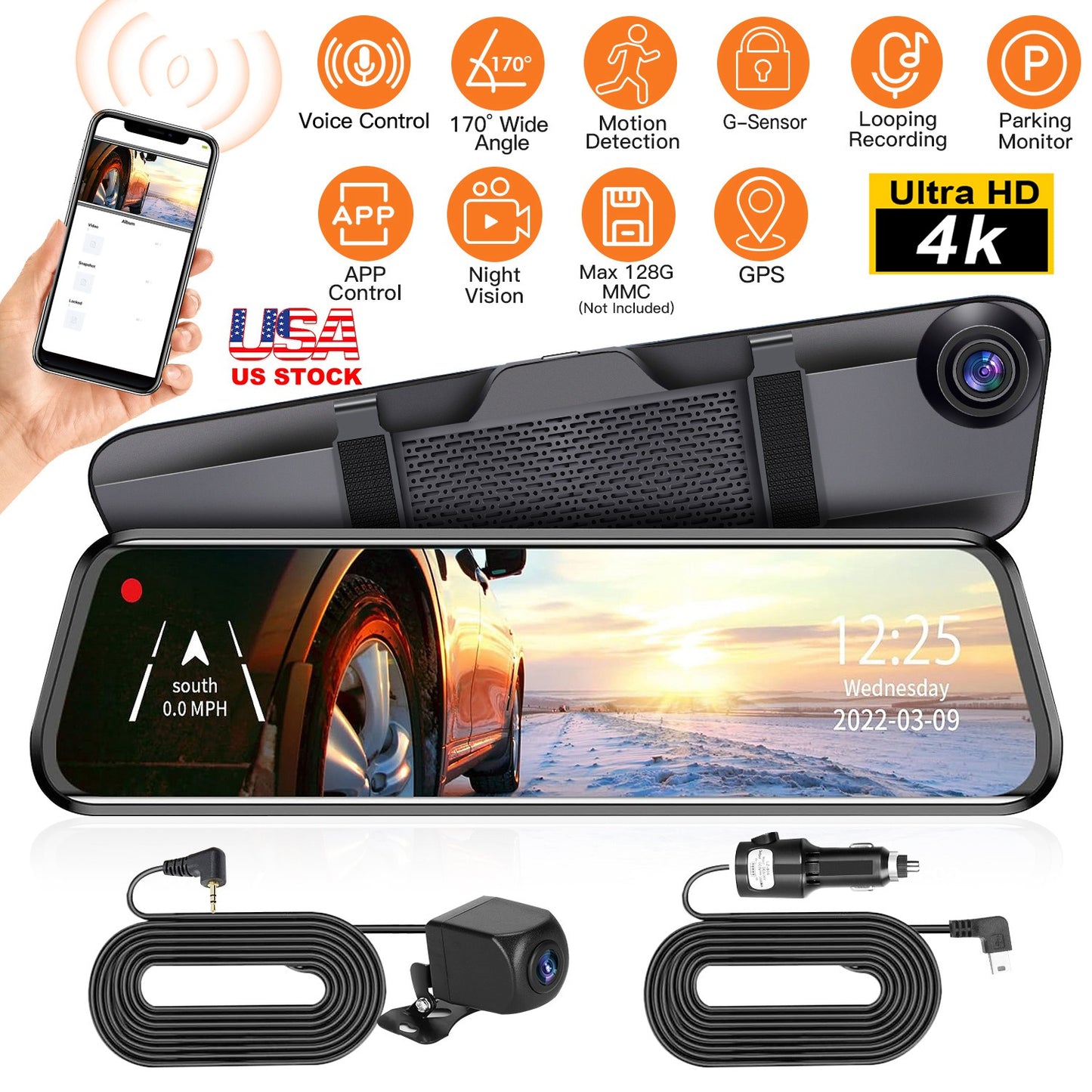 LJGelectro - 4K Car DVR 12in Dash Cam Camcorder Camera Recorder with 170° Angle Loop Recording Motion Detection Night Vision Voice Control APP Control G-sensor