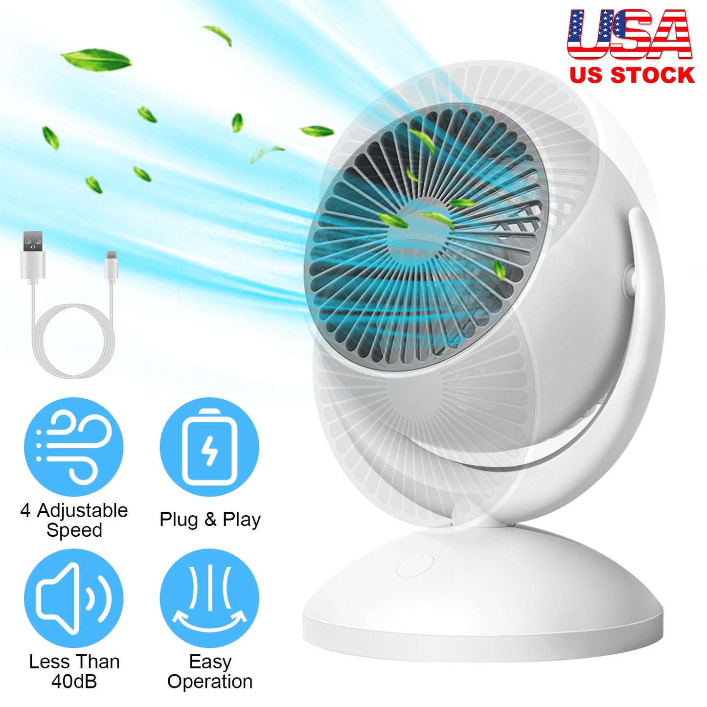 LJGelectro - Air Circulator Desk Fan Portable Desktop Rechargeable Oscillating Fan with 4 Speeds 360 Degree Tilt Head Automatic Rotation Quiet 40dB Table Fan for H