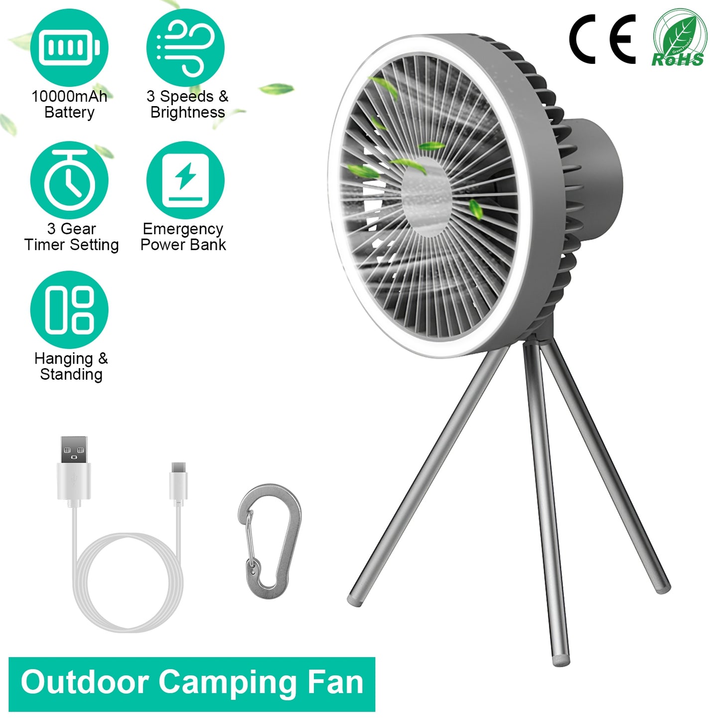 LJGelectro - Camping Fan with Lantern 10000mAh Rechargeable Battery Powered Portable Tripod Fan for Tent with Hanging Hook Carabiner Emergency Power Bank Desk Fan