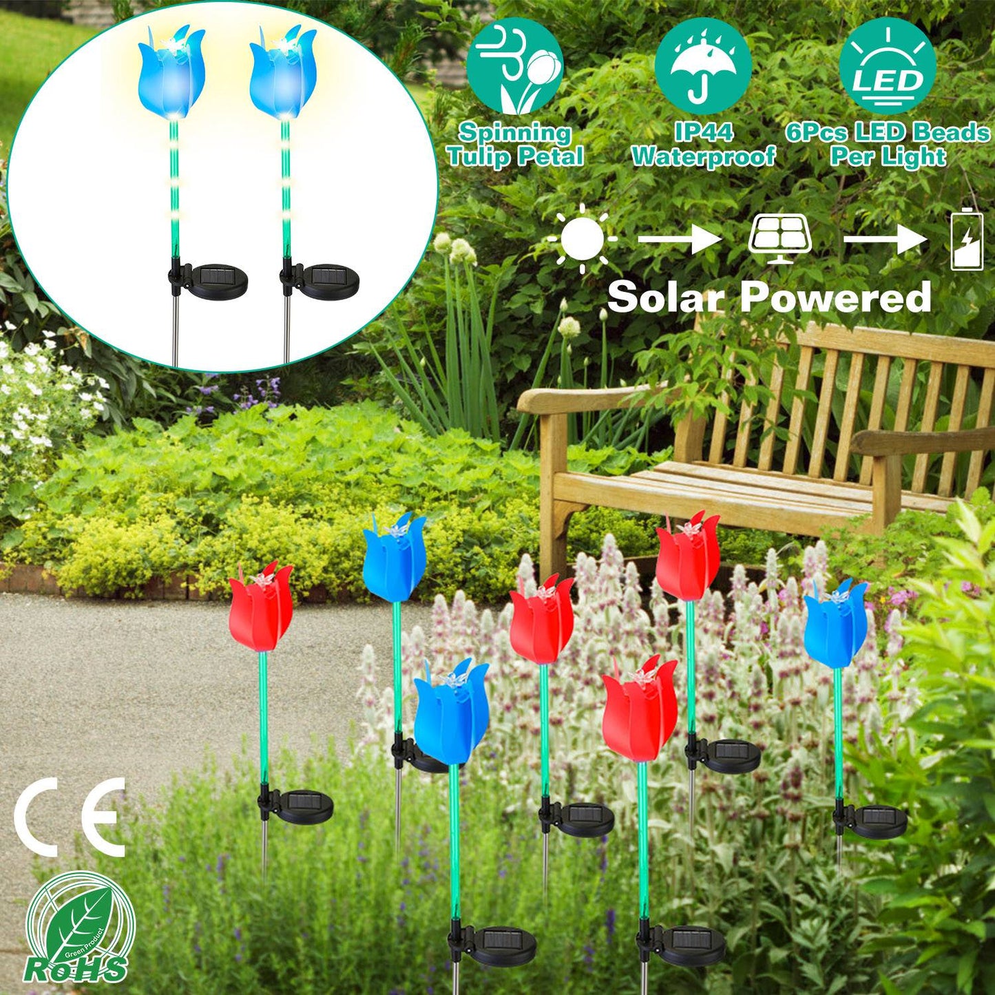 LJGelectro - 2Pcs Solar Powered Tulip Garden Light Wind Mill Waterproof Landscape Stake Lamp Decorative Lawn Lights For Yard Driveway Walkway Patio