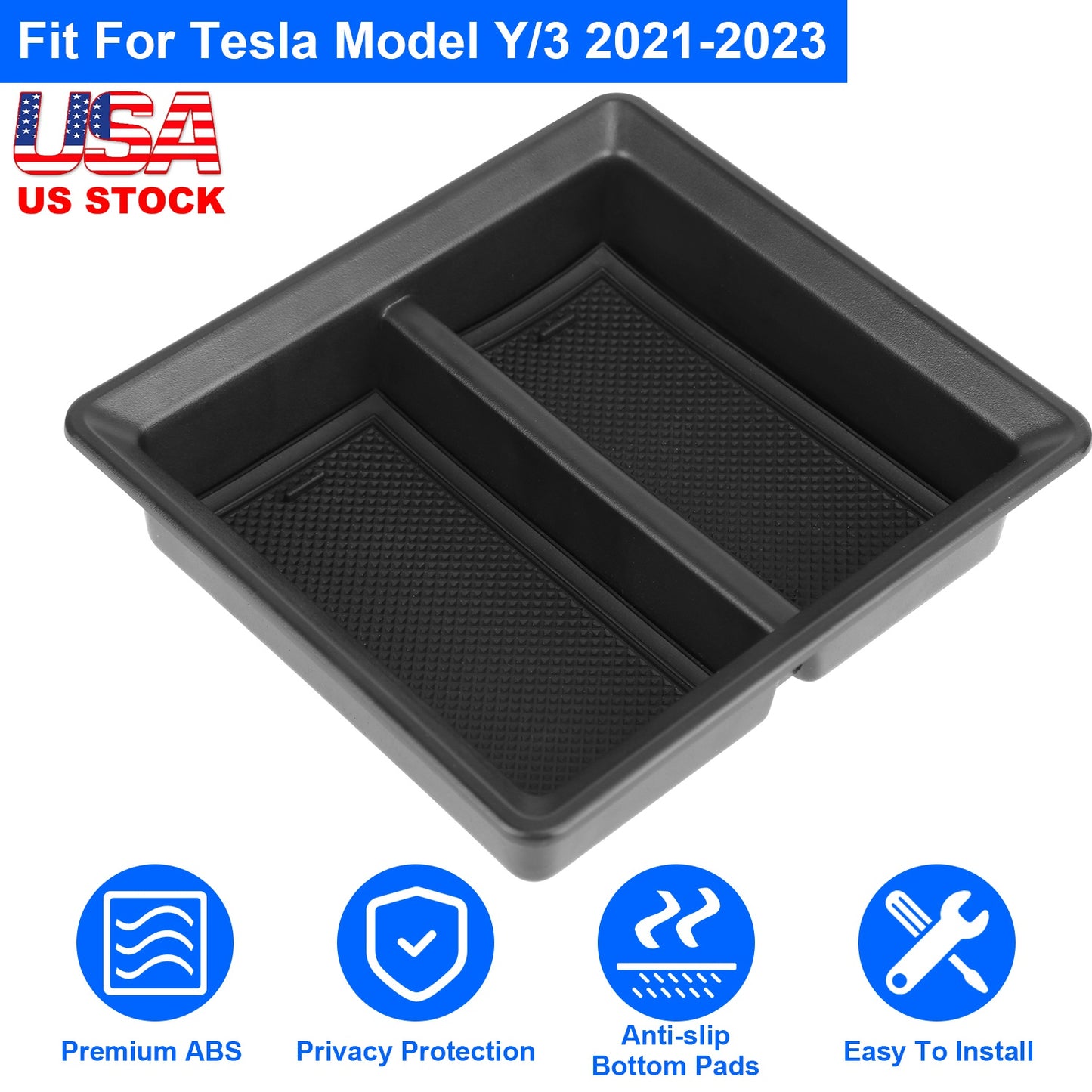 LJGelectro - Center Console Organizer Tray Fit For 2021 2022 2023 Tesla Model 3 Model Y Armrest Drawer Storage Box with 2Pcs Silicone Pads