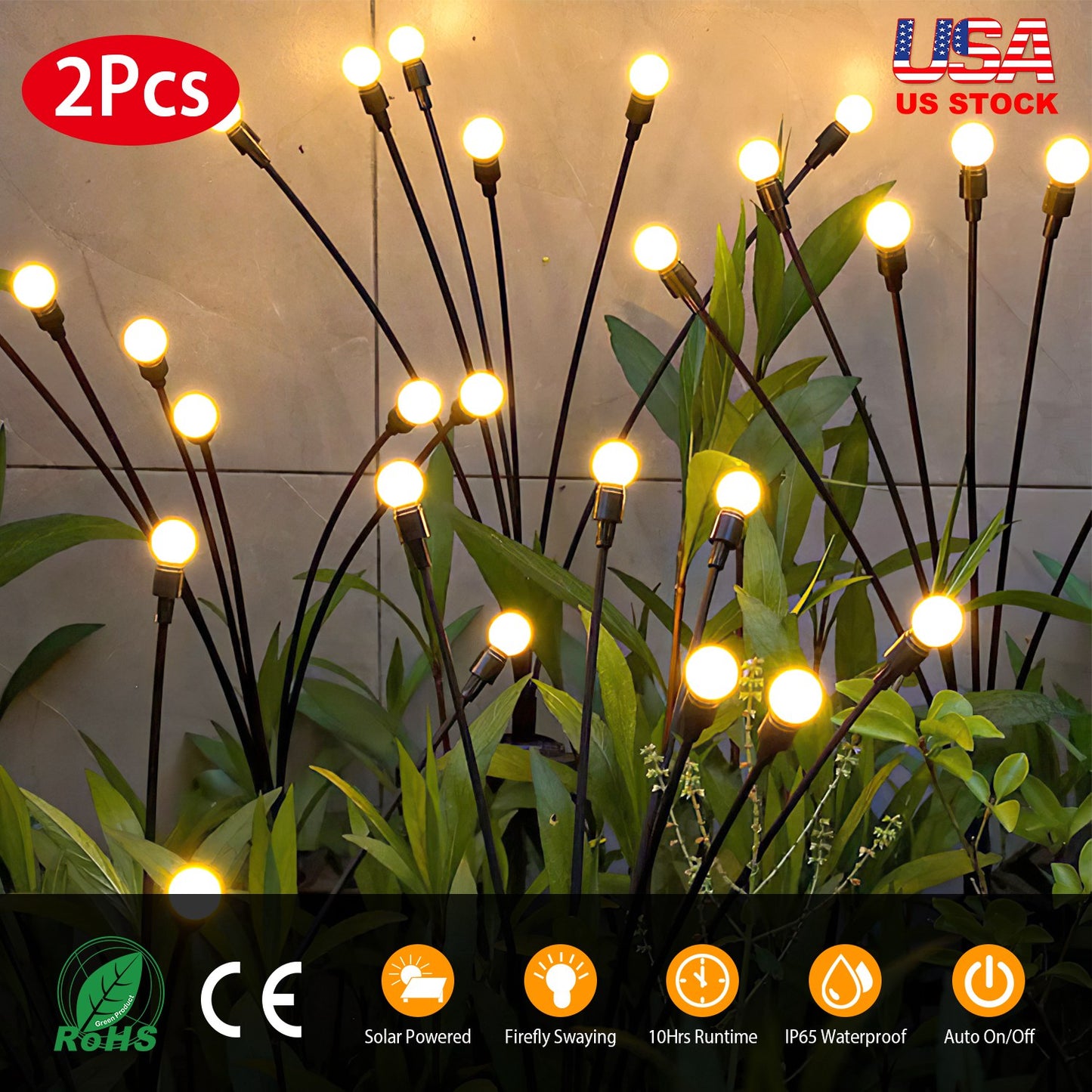 LJGelectro - 2Pcs Solar Firefly Lights Swaying Decorative Pathway Lamp IP65 Waterproof Landscape Patio Yard Night Light