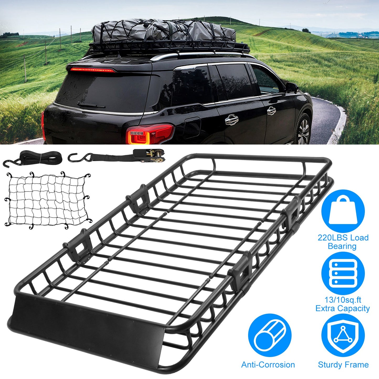 LJGelectro - 63x39x6.3in Universal Roof Rack Cargo Carrier Car Top Luggage Holder Basket with Hook Strap Elastic Net