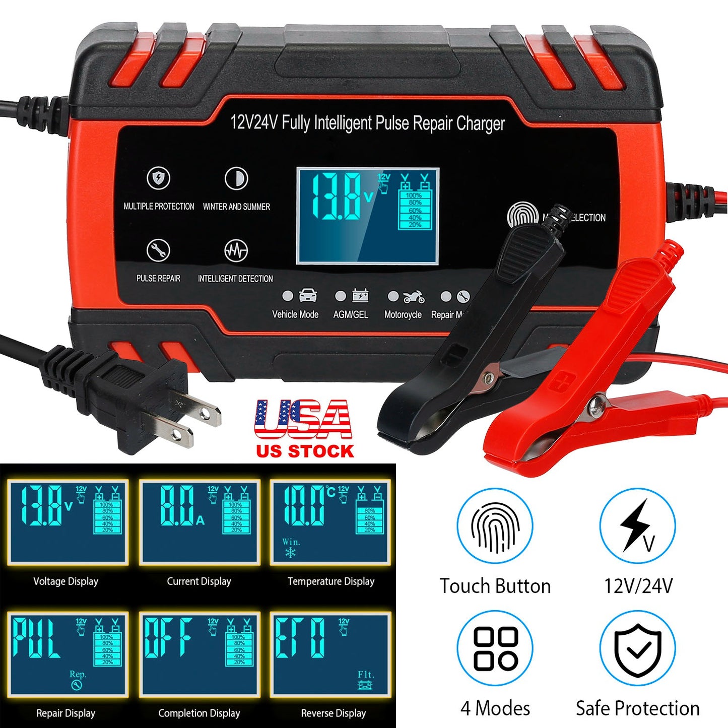 LJGelectro - Car Battery Charger 12V/8A 24V/4A Smart Automatic Battery Charger w/LCD Display Pulse Repair Battery Charger For Car Truck Motorcycle RV SUV