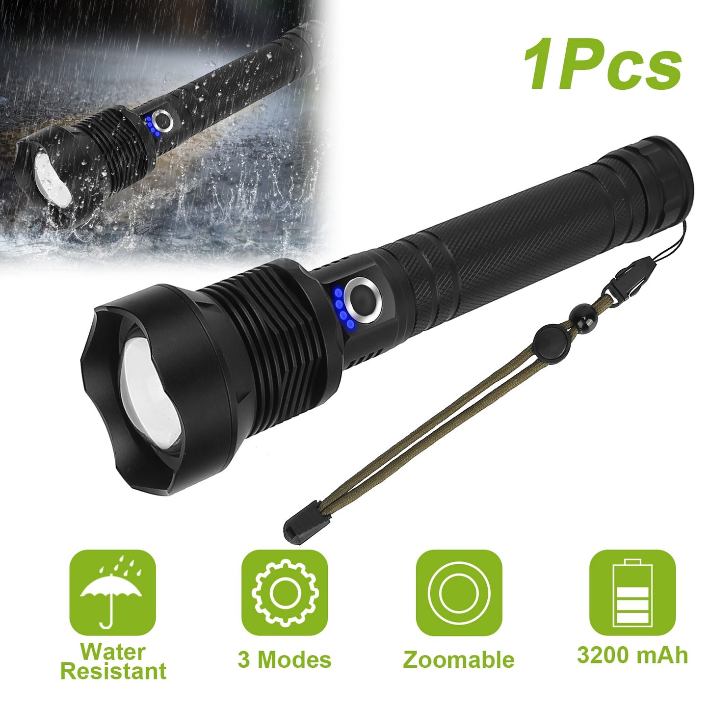 LJGelectro - LED Tactical Flashlights 30000LM USB Rechargeable Flashlight Water-Resistant Zoomable LED Torch w/ 3 Modes SOS 3200mAh Battery Handheld Flashlights fo